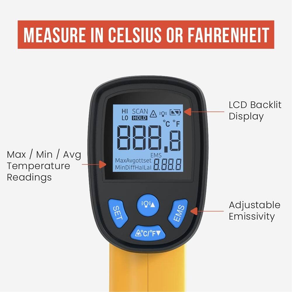 Sure, here is the corrected and grouped text from the image:

---

**MEASURE IN CELSIUS OR FAHRENHEIT**

- **HI SCAN**
- **LO HOLD**
- **Max / Min / Avg Temperature Readings**
- **LCD Backlit Display**
- **Adjustable Emissivity**
- **SET**
- **EMS**
- **C°/F°**
- **MaxAvgottset**
- **MinDiffHalLal**
- **EMS**
- **8.88.8**

---