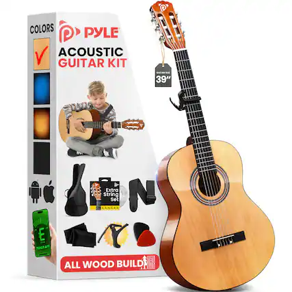 COLORS PYLE ACOUSTIC GUITAR KIT GUITAR 39" Extra String Set TUNER APP ALL WOOD BUILD