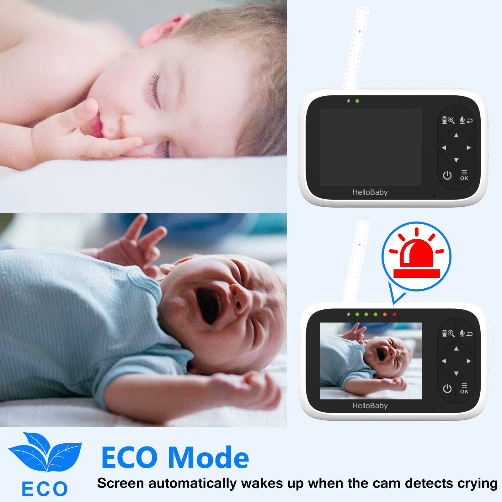 HelloBaby, HelloBaby, ECO Mode, Screen automatically wakes up when the cam detects crying