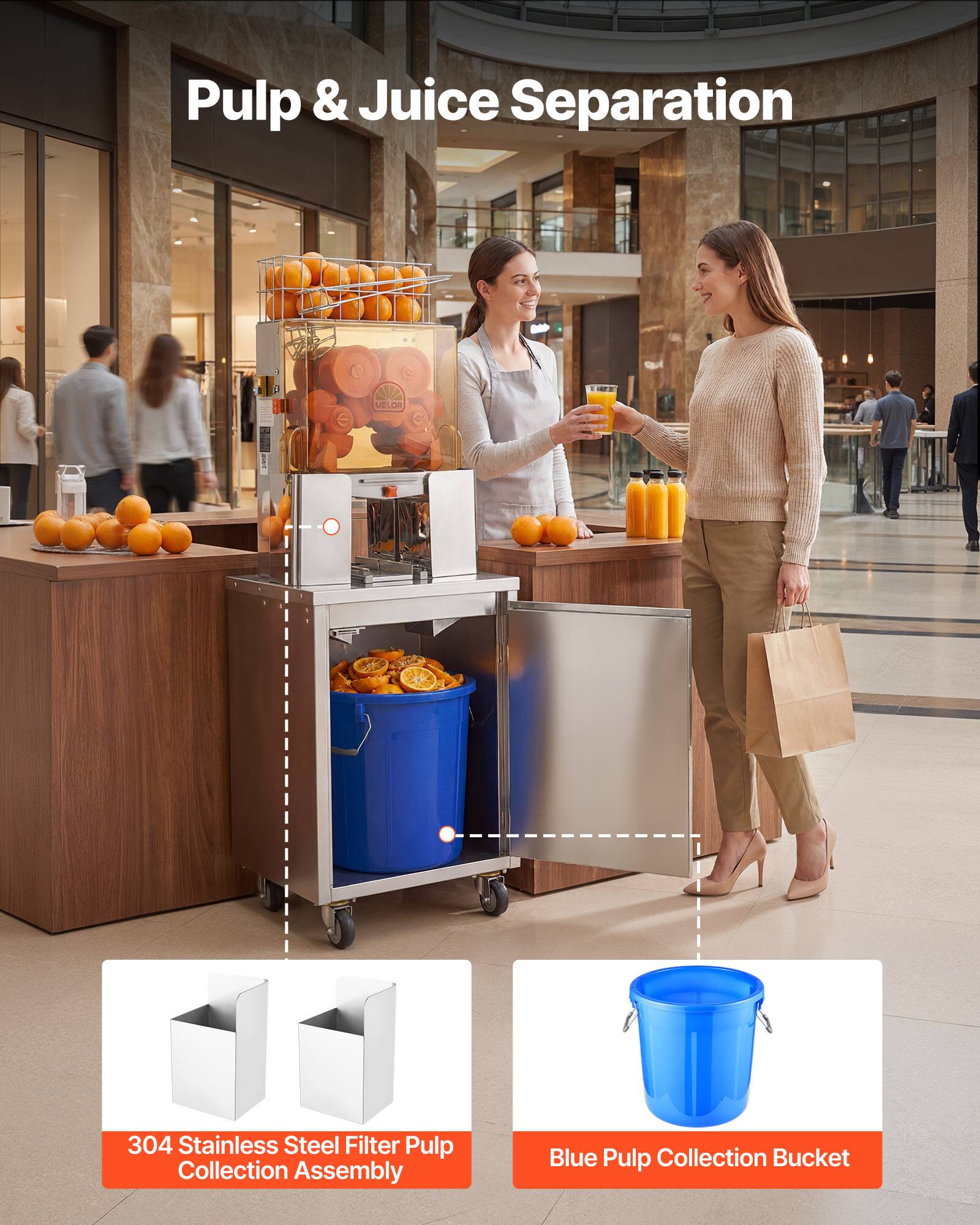 Pulp & Juice Separation - 304 Stainless Steel Filter Pulp Collection Assembly Blue Pulp Collection Bucket