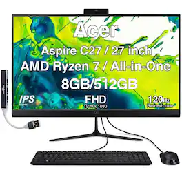 Acer - Aspire C27 All-in-One 27 FHD Display (Ryzen 7 5825U, 8GB, 512GB SSD, AMD Radeon, WiFi 6E, Win 11 Home) w/USB Hub