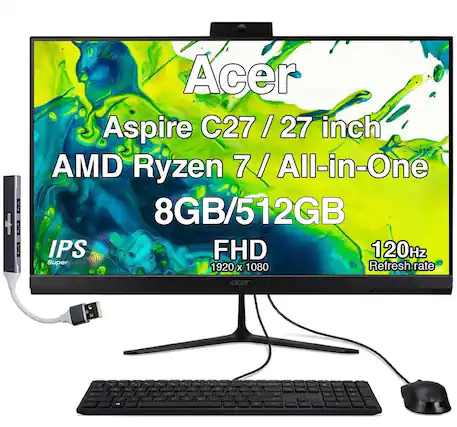 Acer Aspire C27 / 27 inch AMD Ryzen 7 / All-in-One 8GB/512GB IPS FHD 120Hz SuperCLEAR Refresh rate 1920 x 1080