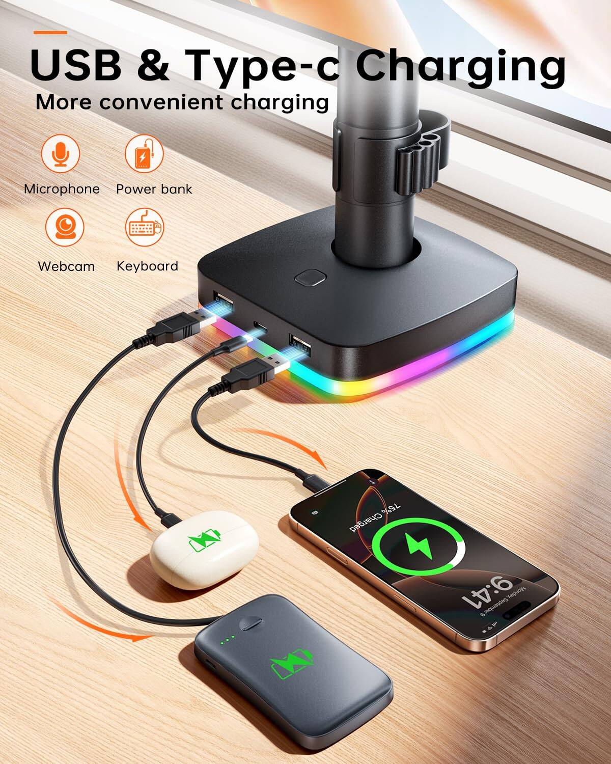 USB & Type-c Charging  
More convenient charging  

Microphone  
Power bank  
Webcam  
Keyboard  

Charged 75%  
Lv: 6  
September 9:41