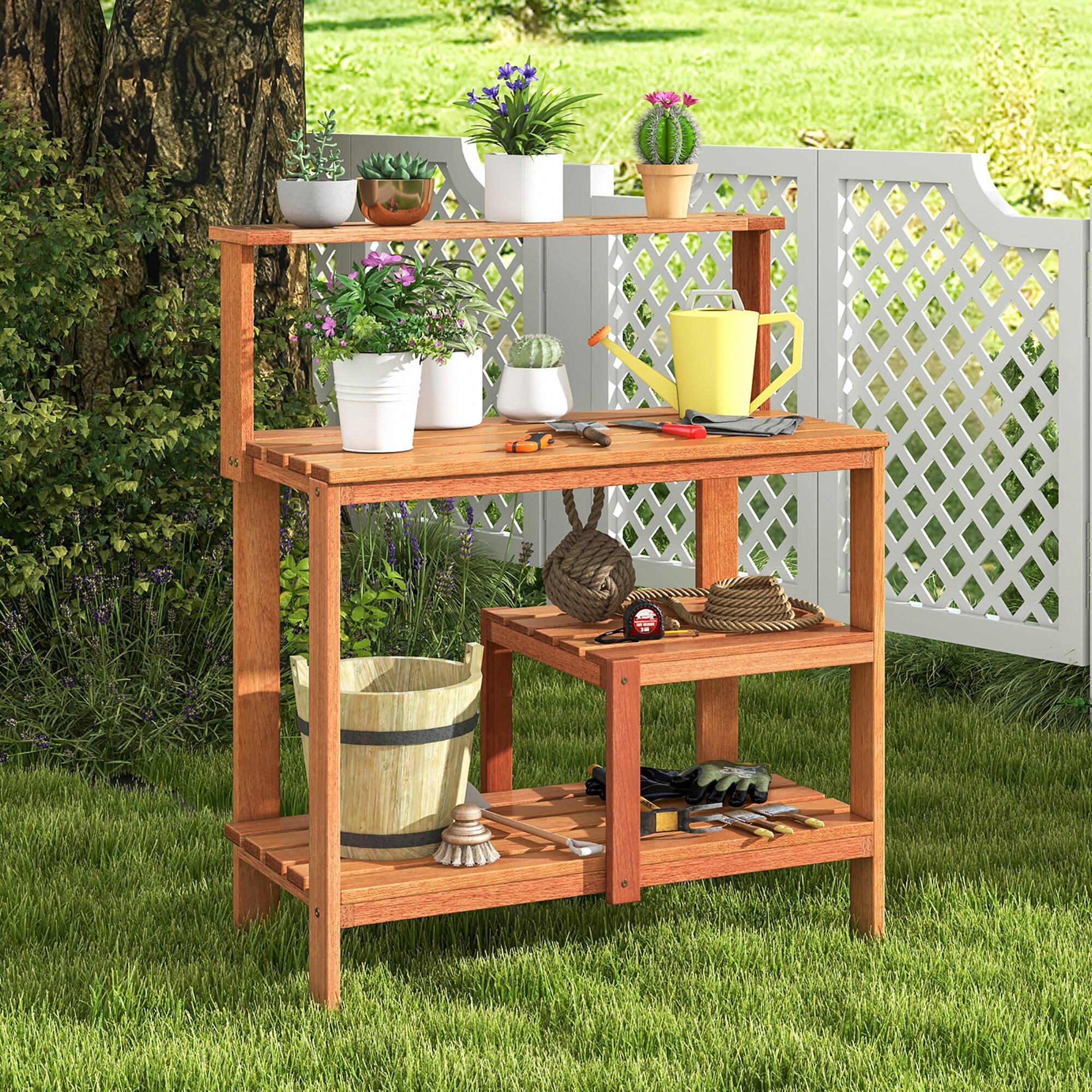 Alt View 1. Gymax - Gymax Outdoor Potting Bench Table w/Open Shelves Teak Oil Finish Gardening Workstation - Nature.