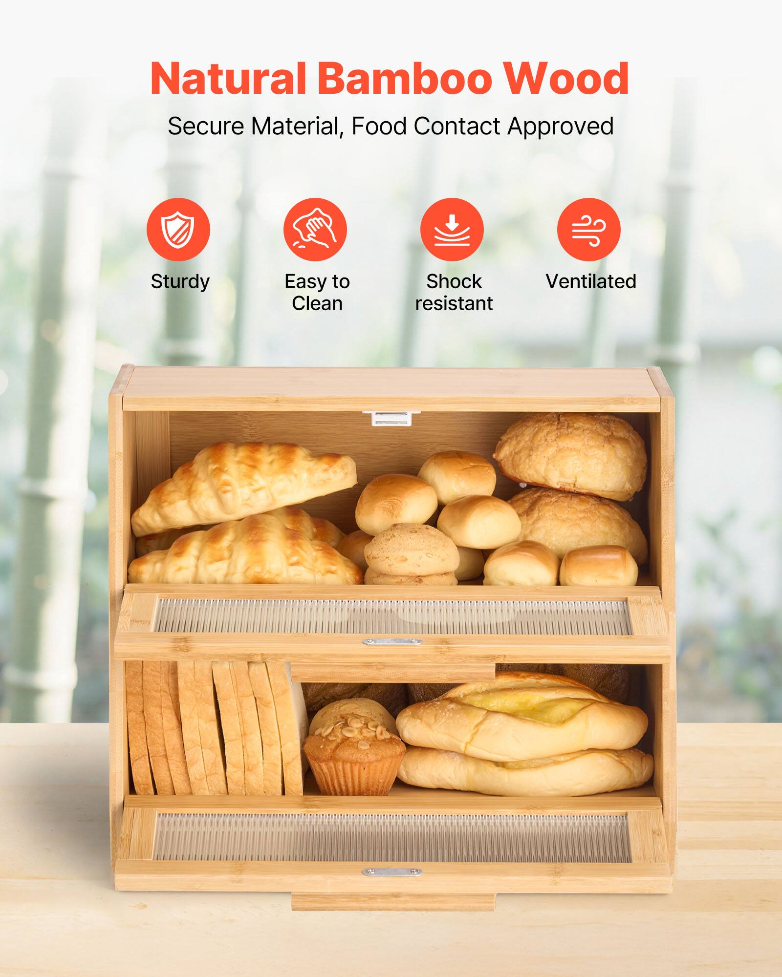 Natural Bamboo Wood

Secure Material, Food Contact Approved

Sturdy

Easy to Clean

Shock Resistant

Ventilated