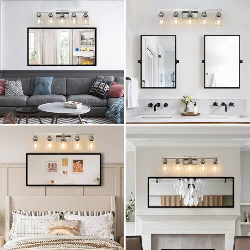 Back. LUCKY ONE - 31in Wall Mount Vanity Light, 5-Light Brushed Nickel Sconce with Clear Glass Shades - Chrome.