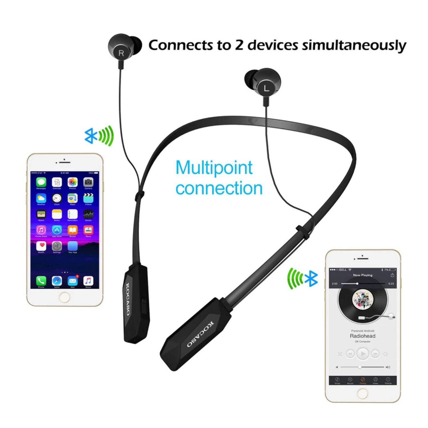 Connects to 2 devices simultaneously

Multipoint connection

KOCASO

Now Playing
Paranoid Android
Radiohead
OK Computer