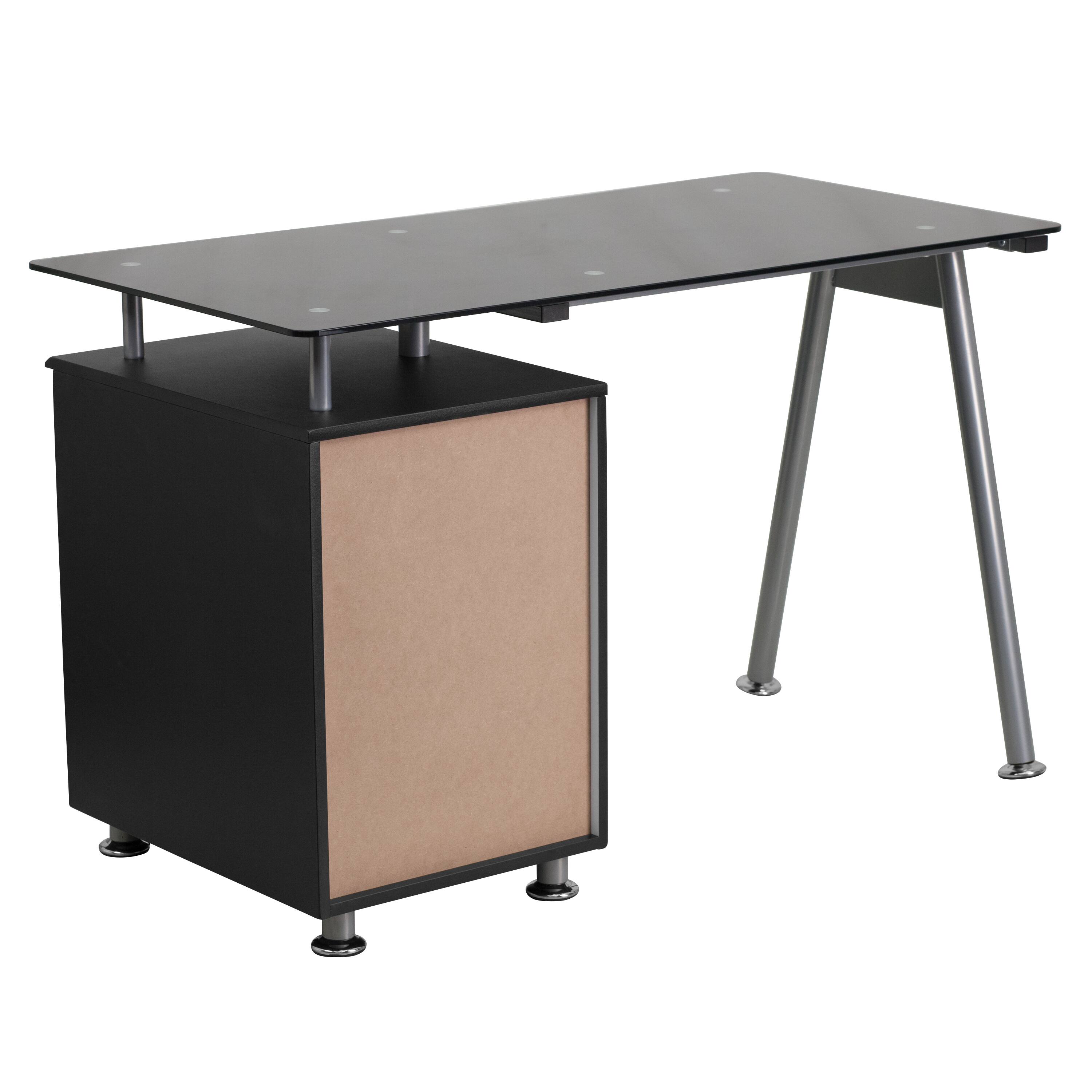 Alt View 4. Emma + Oliver - Computer Desk with Tempered Glass Top and Three Drawer Pedestal - Black.