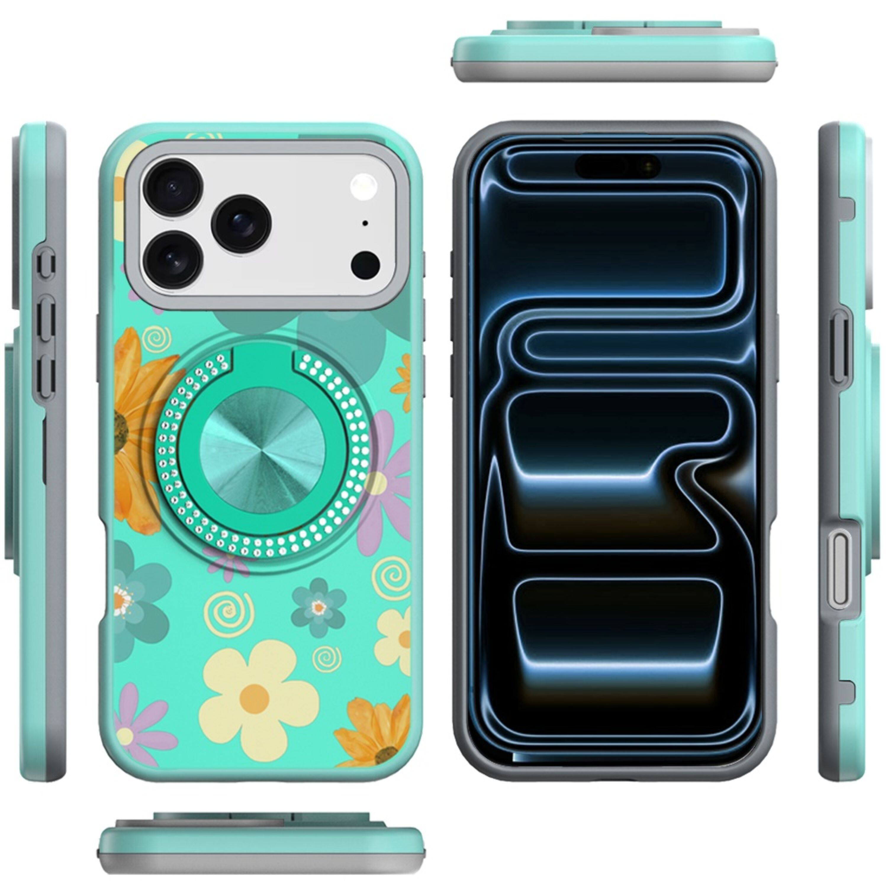 Left. Kitcheniva - Luxury Printed Case With Tempered Glass For iPhone 17 Pro Max Aqua Floral & Leaves - Multicolor.