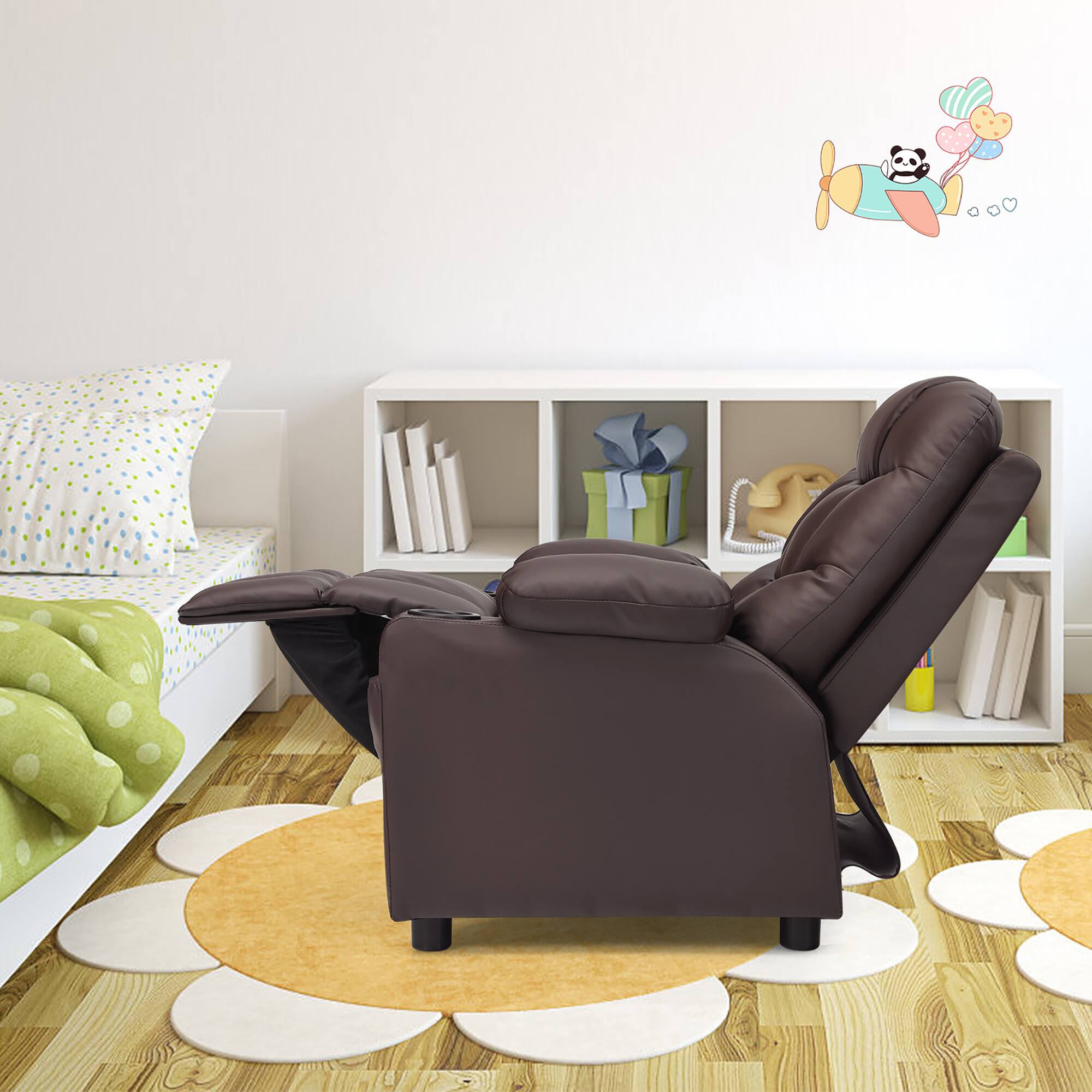 Alt View 8. Costway - Costway Kids Youth Recliner Chair PU Leather w/Cup Holders & Side Pockets - Brown.