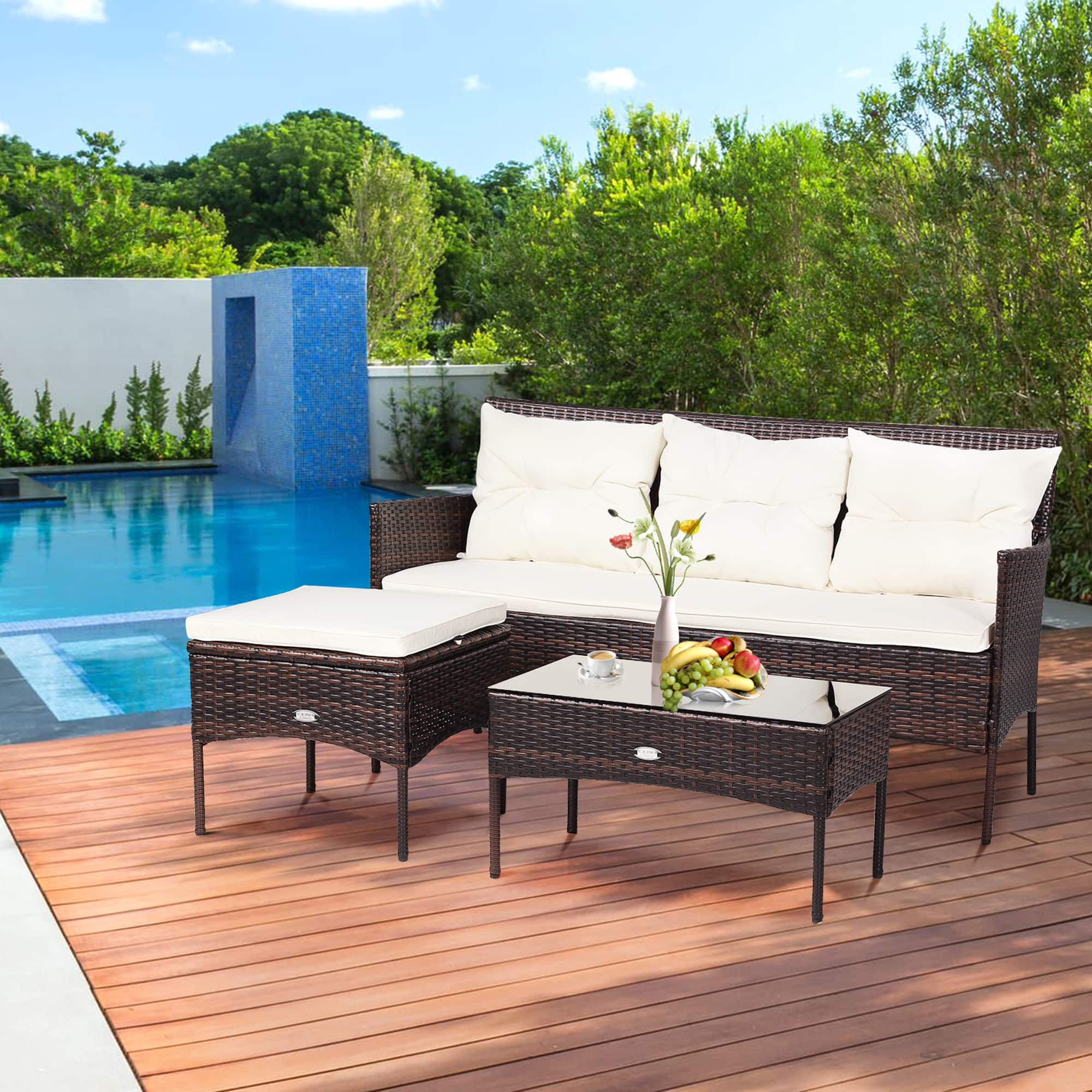Gymax - 3PCS Patio Rattan Sectional Conversation Furniture Set w/ Cushions - Off White