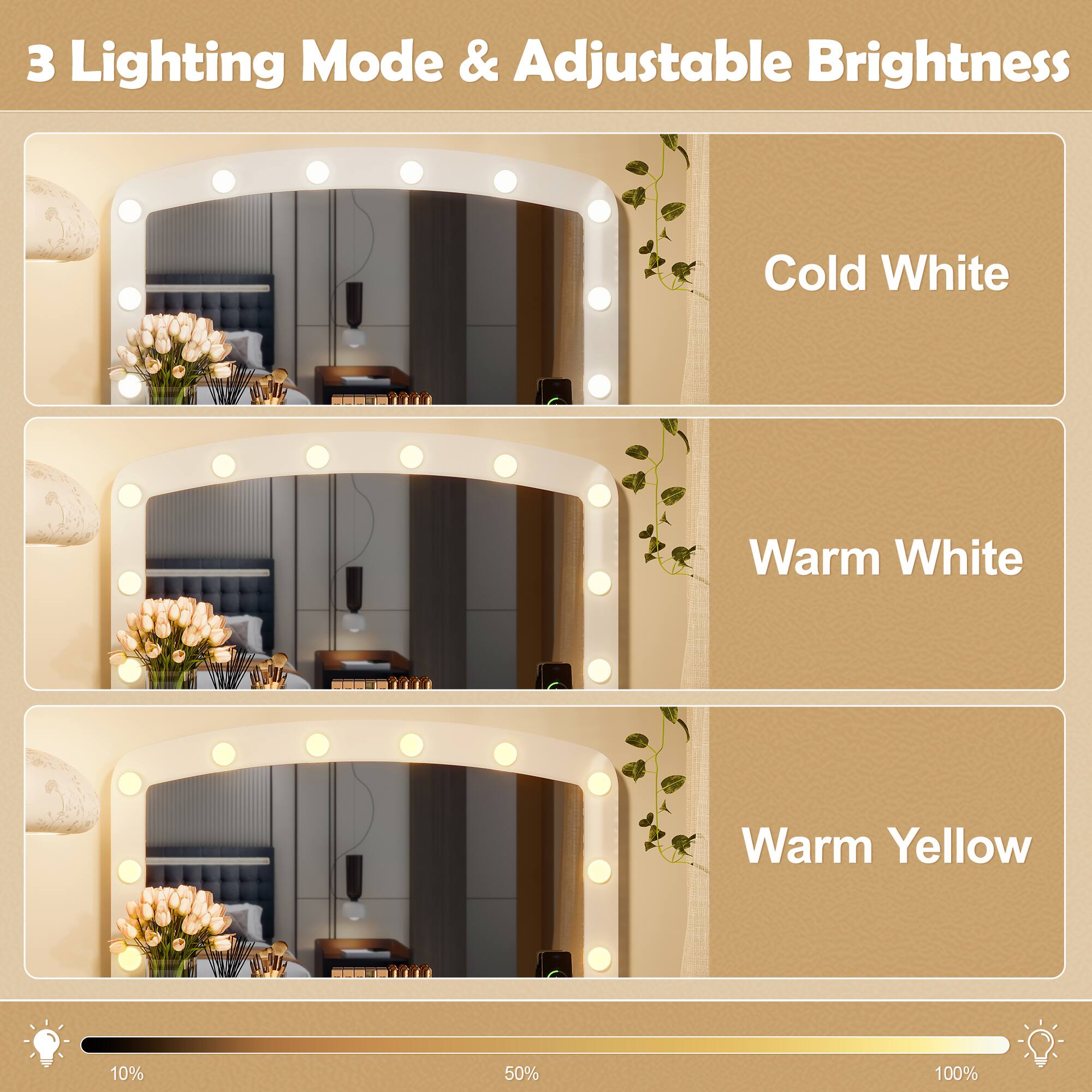 3 Lighting Mode & Adjustable Brightness

- Cold White
- Warm White
- Warm Yellow

Brightness Levels:
- 10%
- 50%
- 100%