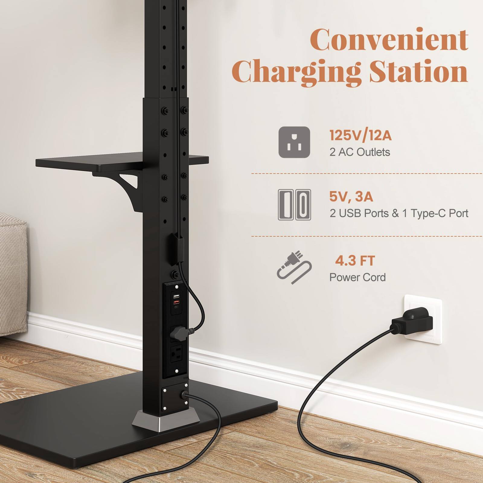 Convenient Charging Station

- 125V/12A
- 2 AC Outlets

- 5V, 3A
- 2 USB Ports & 1 Type-C Port

- 4.3 FT Power Cord