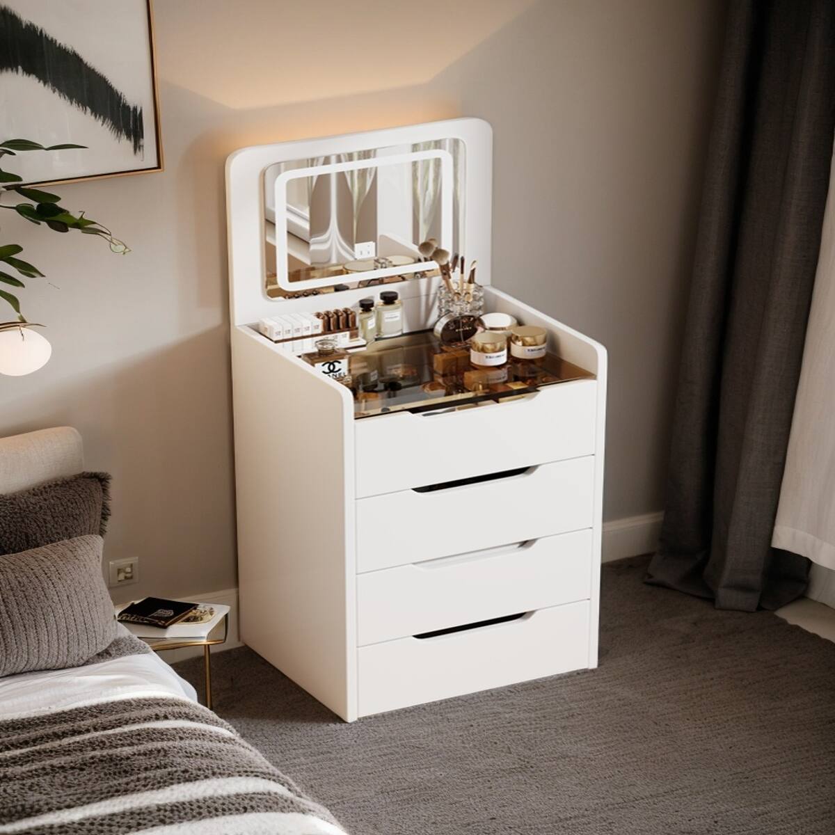 Angle. Loheer - Loheer White Makeup Vanity Desk with Flip Top Mirror and Glass Desktop - White.