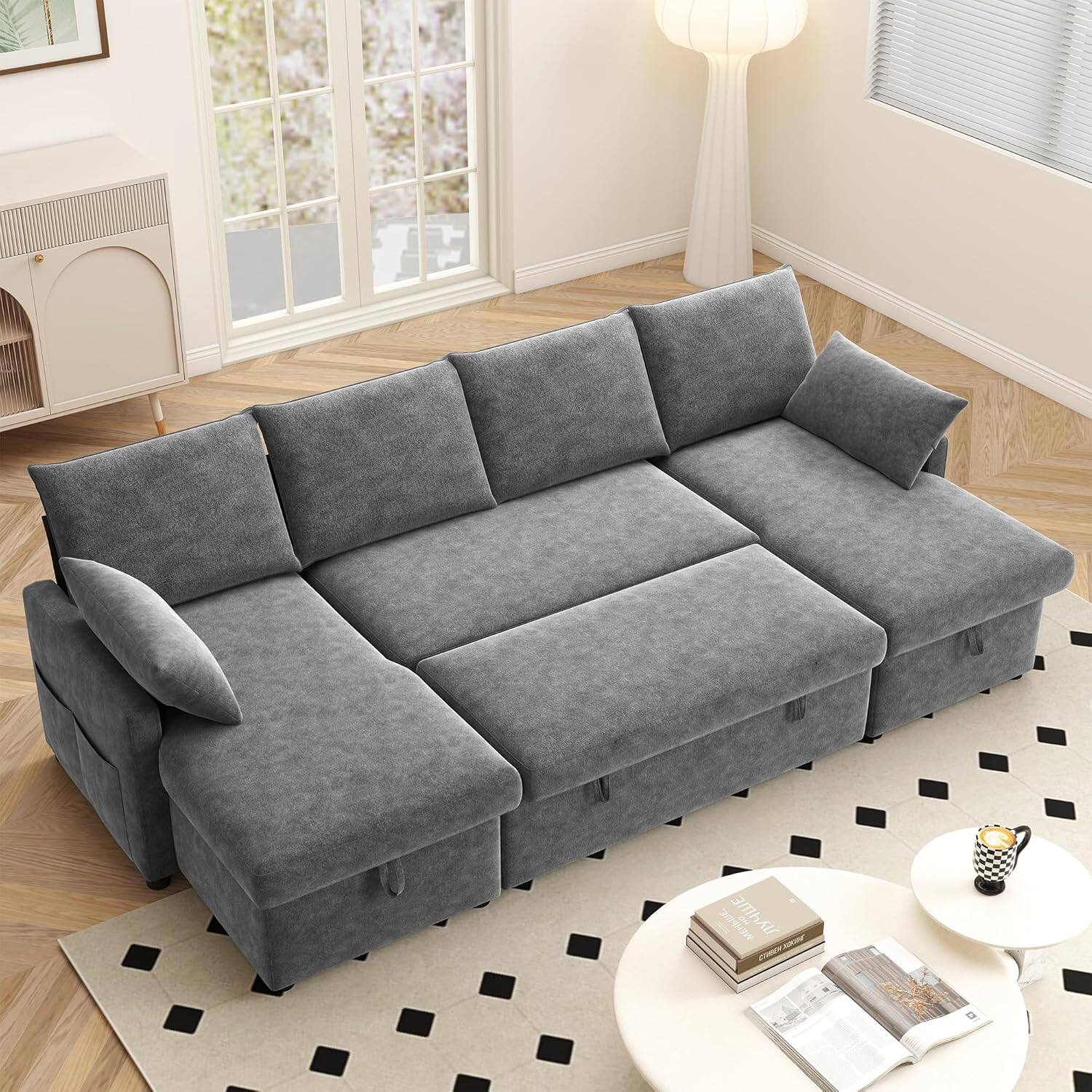 Essen Blissed - 104'' U Shape Chenille Sleeper Sofa Couch,Pull Out Bed and Storage Chaise for Living Room, Apartment and Hotel,Dark Gray - Dark Gray