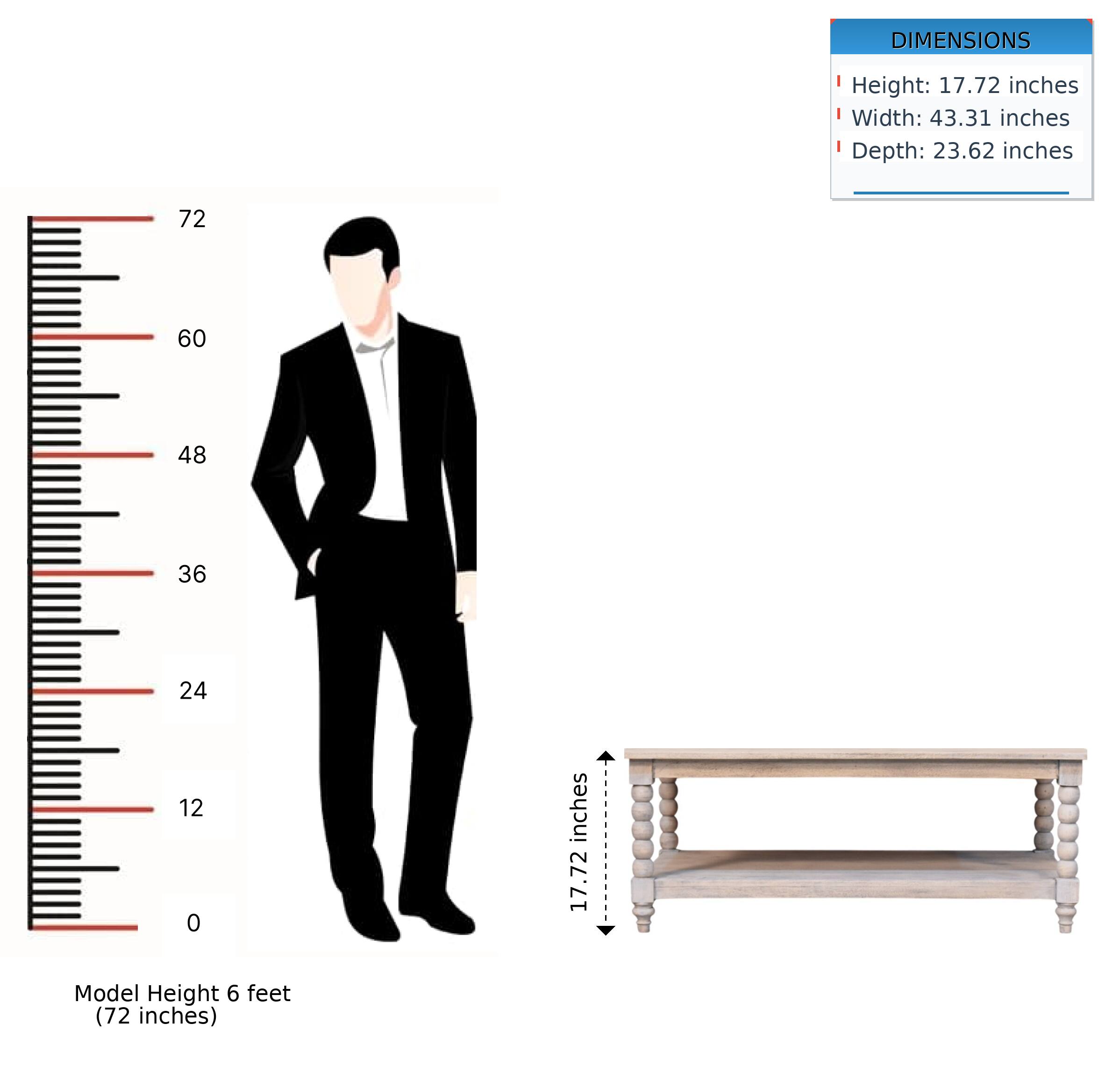 DIMENSIONS  
Height: 17.72 inches  
Width: 43.31 inches  
Depth: 23.62 inches  

72  
60  
48  
36  
24  
12  
0 inches  

Model Height 6 feet (72 inches)