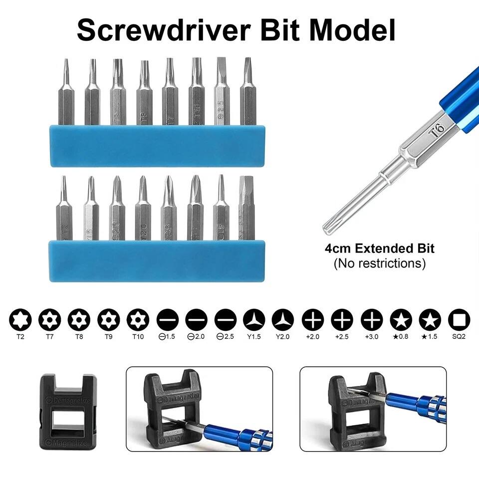 Screwdriver Bit Model

- T6
- T2
- T7
- T8
- T9
- T10
- 1.5
- 2.0
- 2.5
- Y1.5
- Y2.0
- +2.0
- +2.5
- +3.0
- 8.0
- *1.5
- SQ2

4cm Extended Bit (No restrictions)

Demagnetize
Magnetize