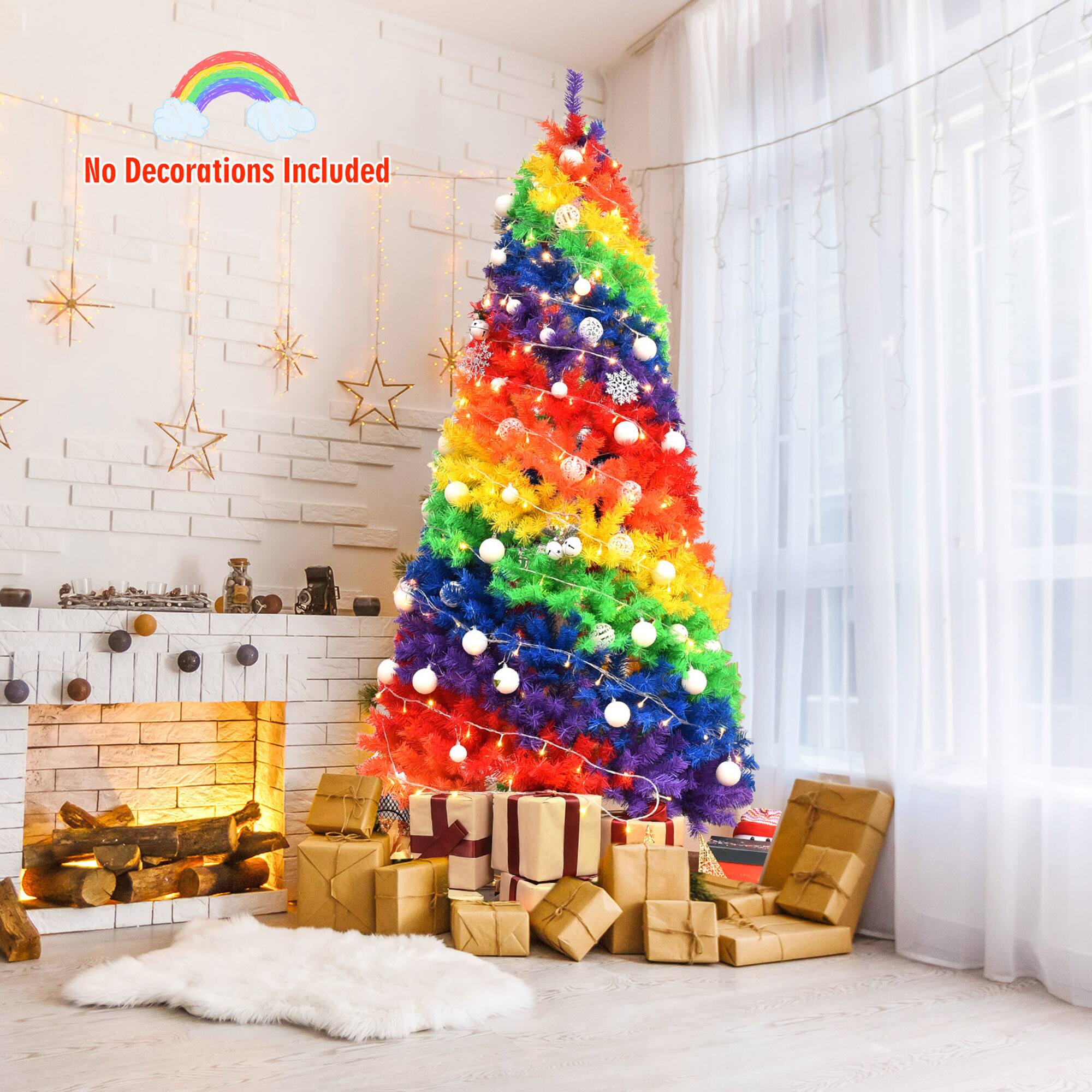 Gymax - 7 ft Colorful Rainbow Hinged Christmas Tree Holiday Decor w/ Metal Stand - Multicolor