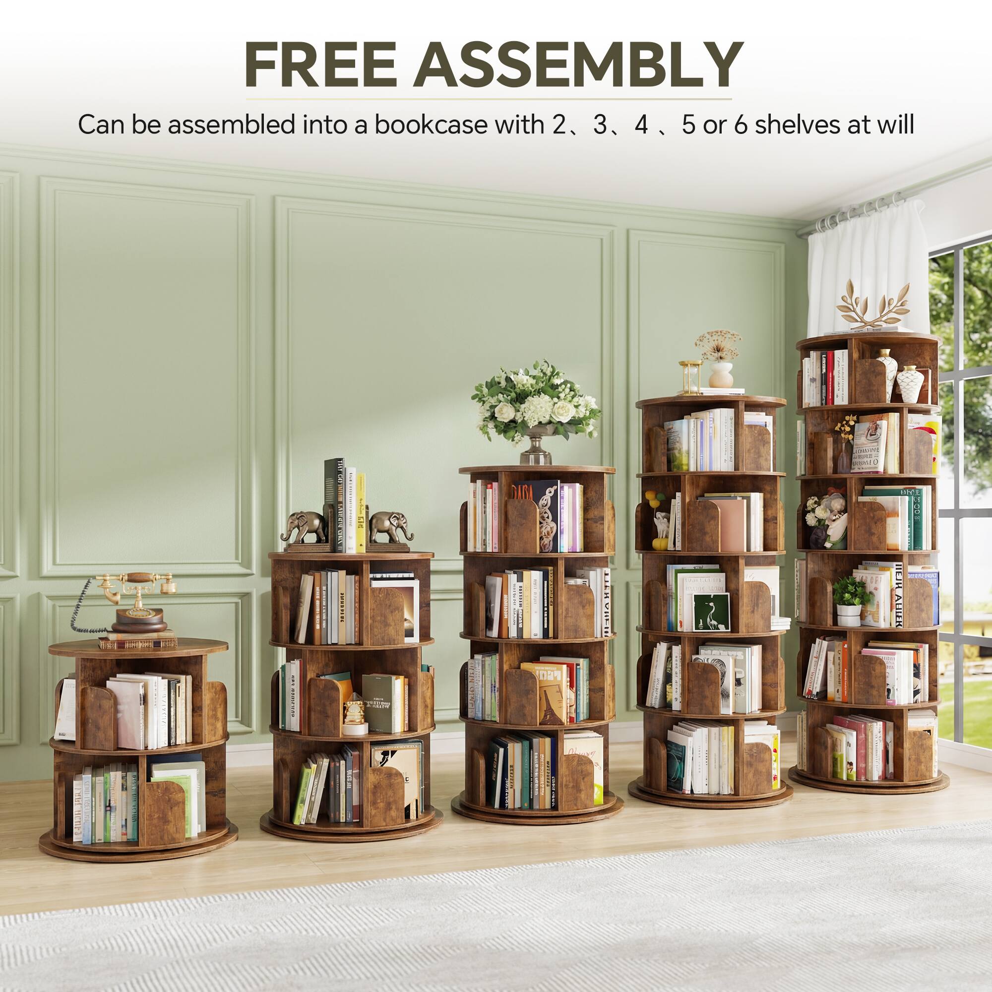 FREE ASSEMBLY  
Can be assembled into a bookcase with 2, 3, 4, 5 or 6 shelves at will