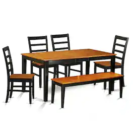 East West Furniture - 6 PC Dining room set with bench-Kitchen Tables and 4 Wooden Dining Chairs Plus bench - Black & Cherry