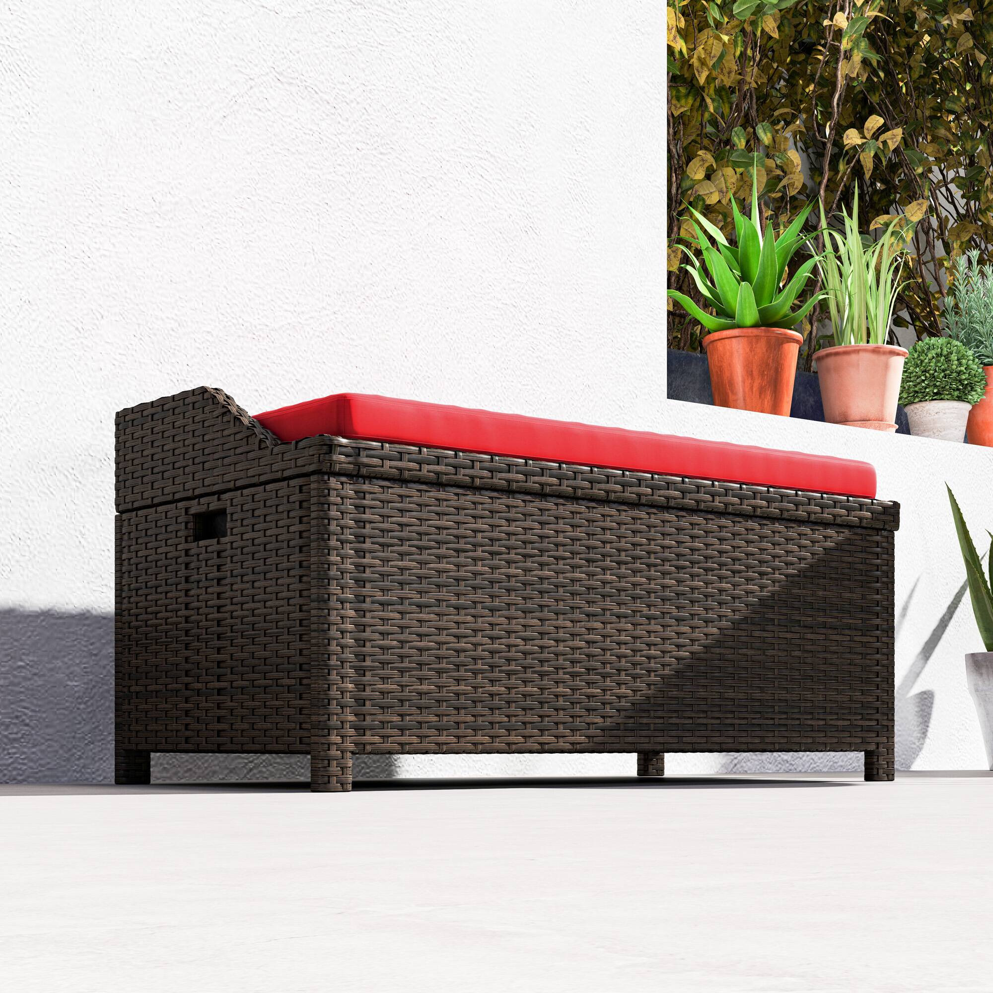 Alt View 8. Outsunny - 34 Gallon Outdoor Wicker Storage Bench Deck Box, PE Rattan Patio Furniture Pool Storage Bin Container - Red.