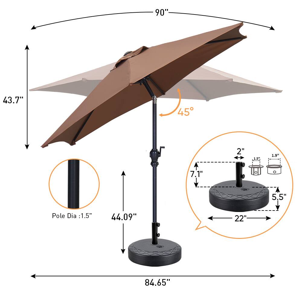 - 90"
- 43.7"
- 44.09"
- 84.65"
- Pole Dia: 1.5"
- 22"
- 7.1"
- 5.5"
- 1.5"
- 1.9"