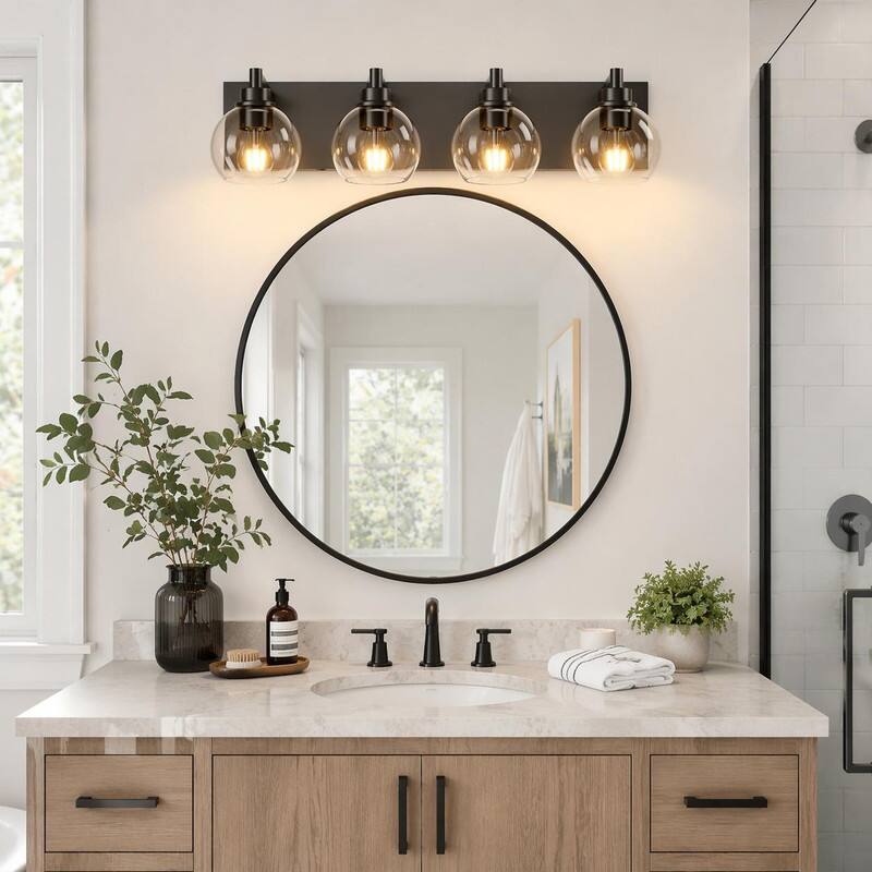 Angle. RYHNUYNE - Matte Black 4-Light Vanity Bar with Clear Glass Globes for Bathroom, Bedroom, and Entryway – E26 Sockets, Up/Down Mount.