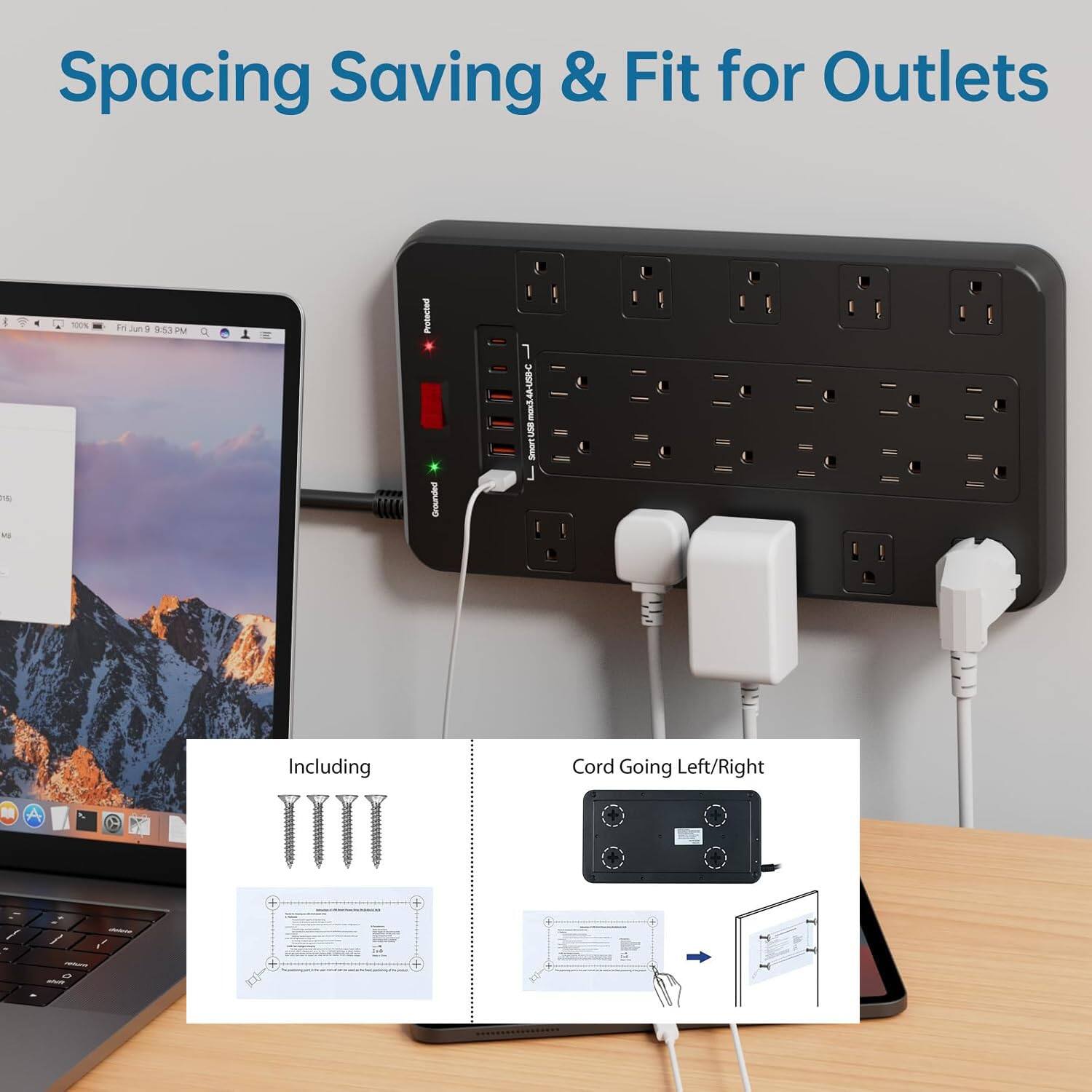 Spacing Saving & Fit for Outlets

Including

Cord Going Left/Right