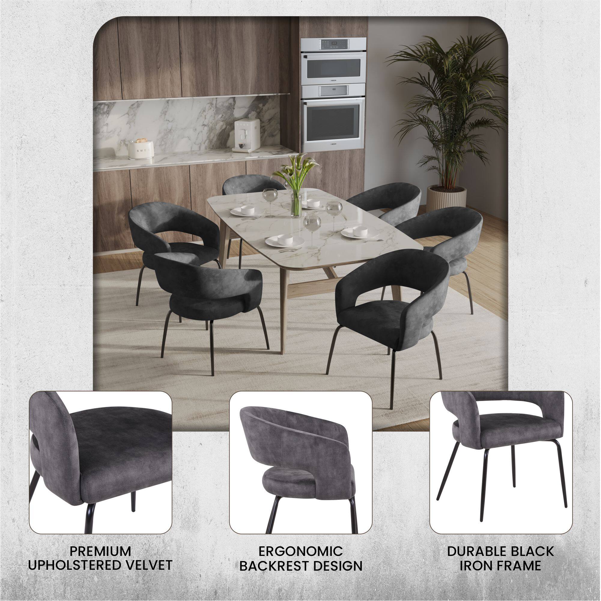 PREMIUM UPHOLSTERED VELVET  
ERGONOMIC BACKREST DESIGN  
DURABLE BLACK IRON FRAME