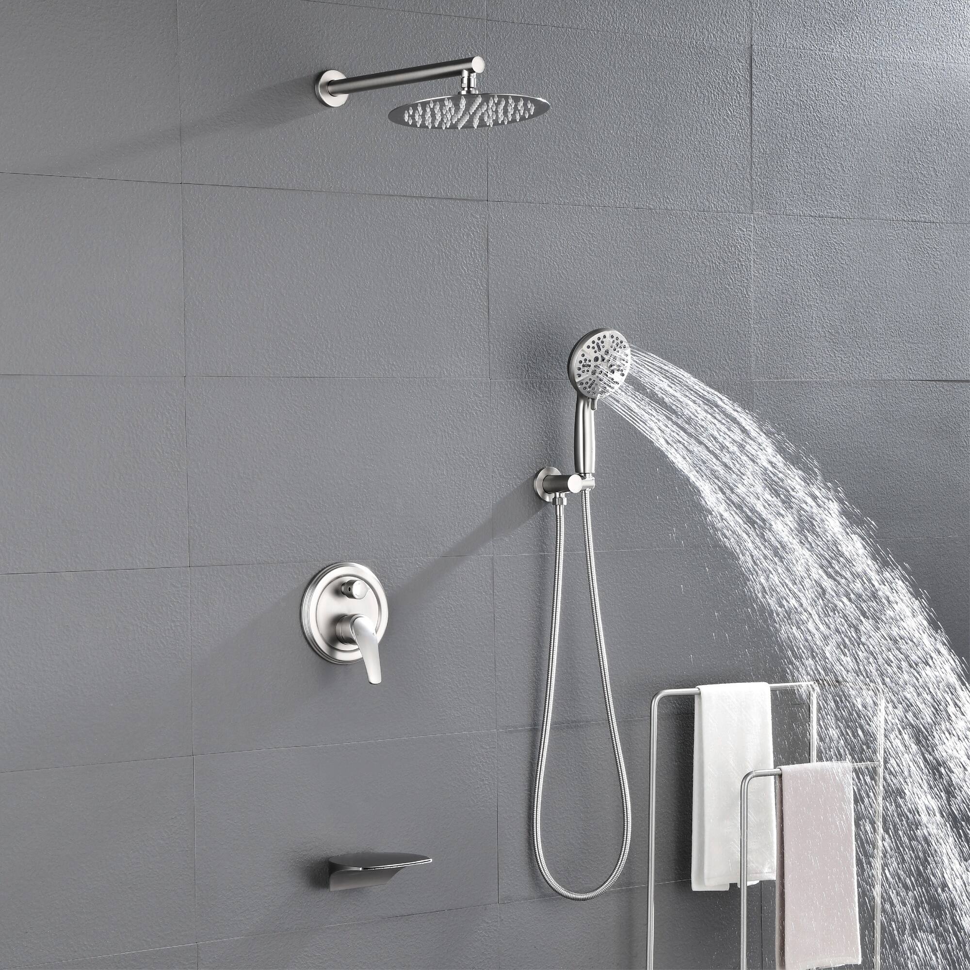 Alt View 2. Boyel Living - Brushed Nickel 10-Inch Rain Shower System Brass SUS304 3-Function Valve 7-Function Handheld cUPC - Brushed Nickel.