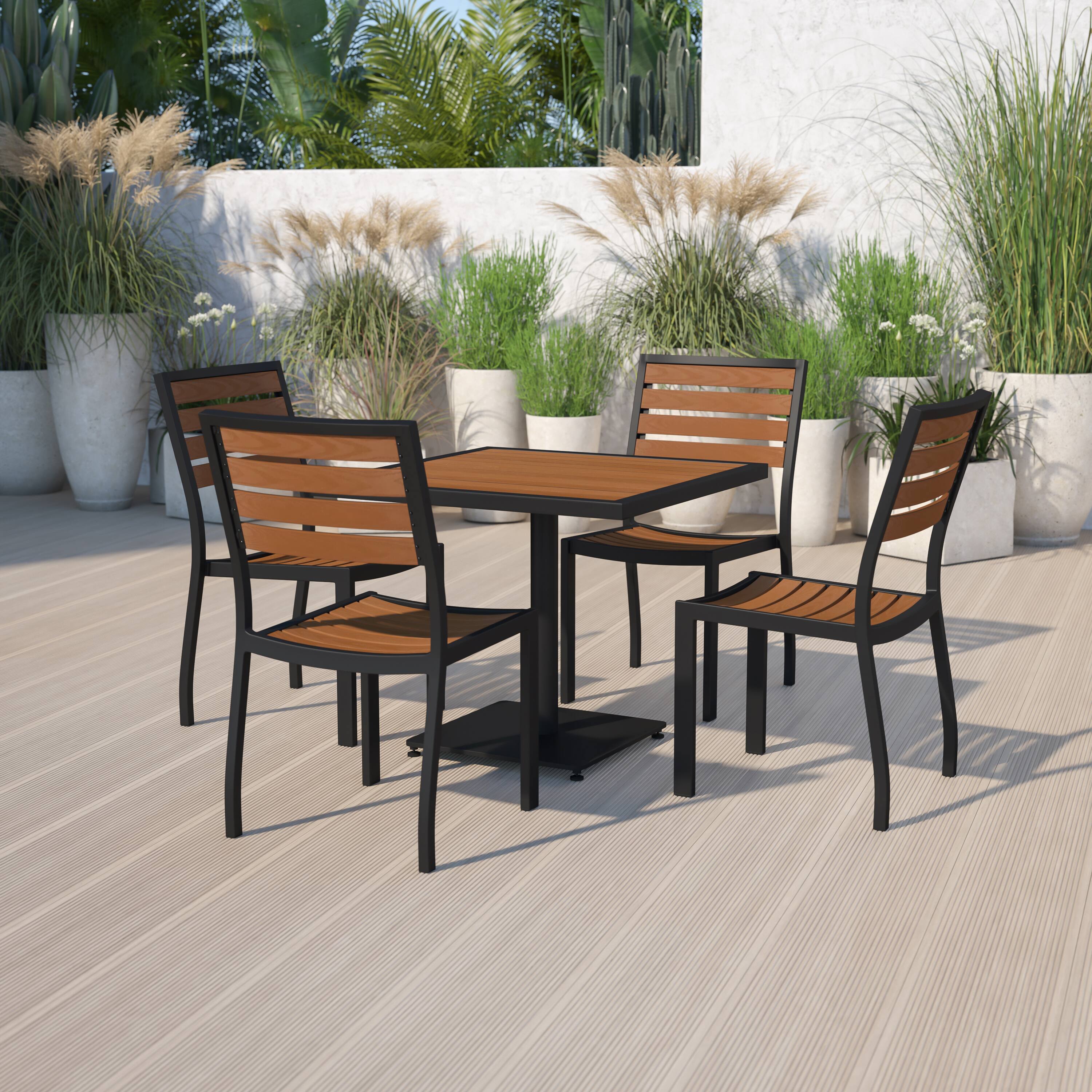 Alt View 1. Emma + Oliver - Outdoor Patio Bistro Dining Table Set with 4 Chairs and Faux Teak Poly Slats - Teak.