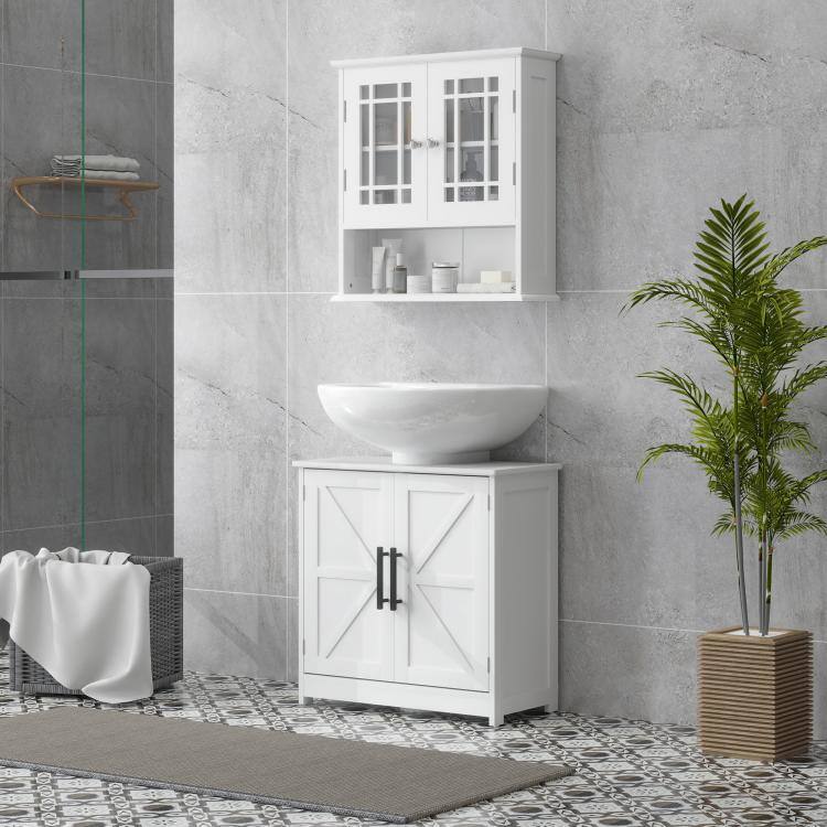 Alt View 1. PULUZ - Farmhouse Pedestal Sink Storage Cabinet, Bathroom Sink Cabinet with 2 Barn Doors and Adjustable Shelf - White.