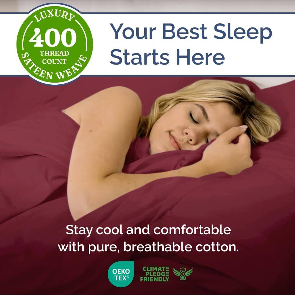 LUXURY 400 THREAD COUNT SATEEN WEAVE

Your Best Sleep Starts Here

Stay cool and comfortable with pure, breathable cotton.

OEKO TEX
CLIMATE PLEDGE FRIENDLY