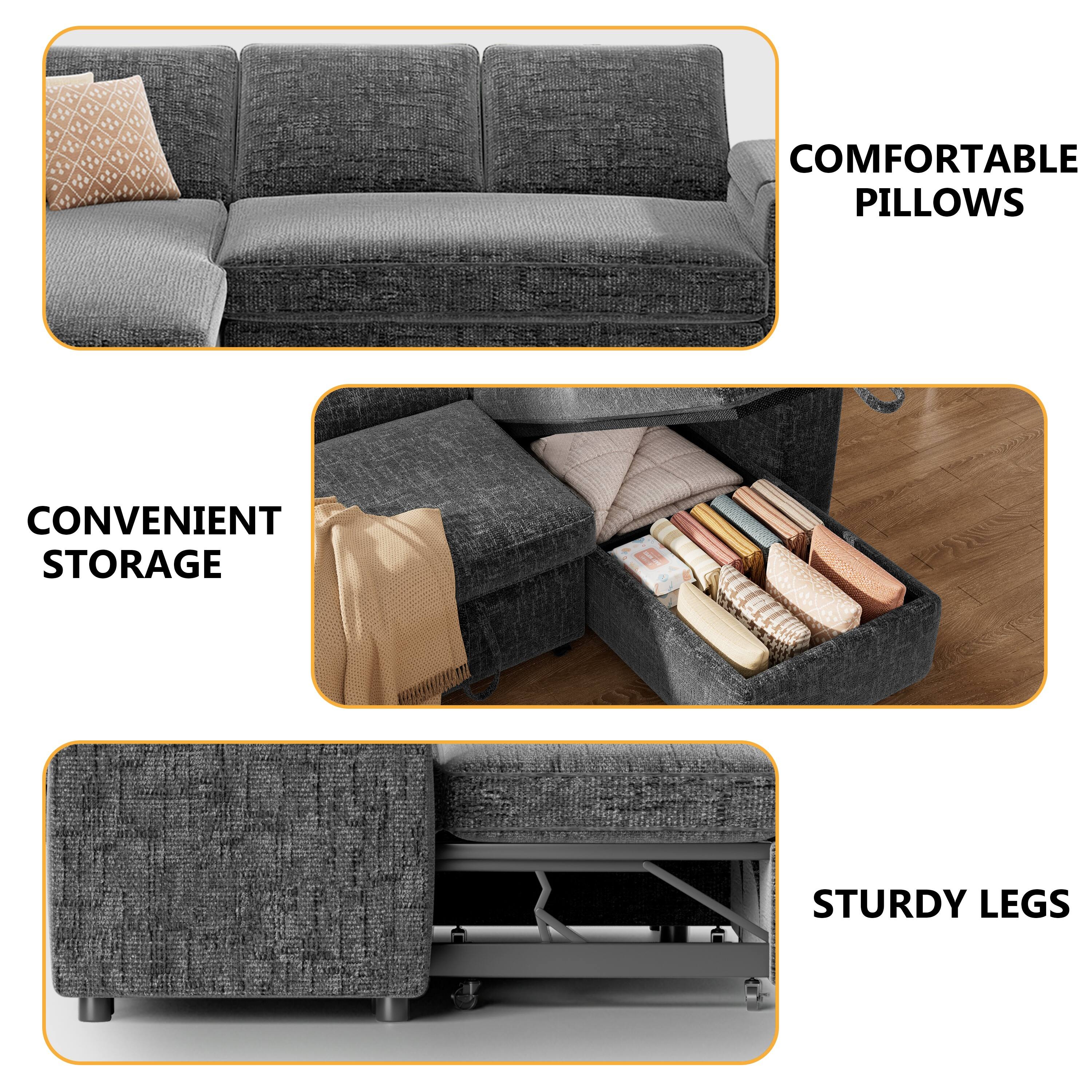 COMFORTABLE PILLOWS  
CONVENIENT STORAGE  
STURDY LEGS