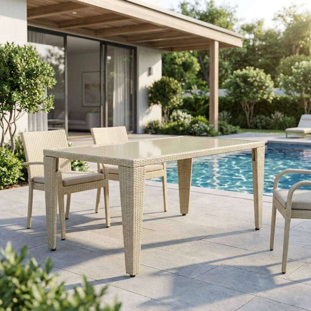 Alt View 3. Outdoor Escape - Rectangle PE Wicker Dining Table with Glass Top for Outdoor Patio - Natural Linen.