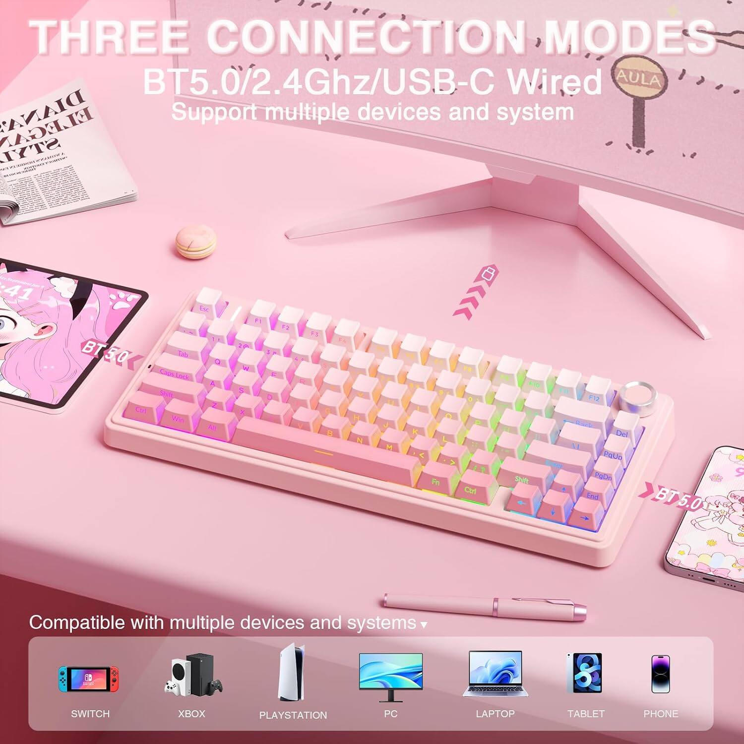 THREE CONNECTION MODES  
BT5.0/2.4Ghz/USB-C Wired  
Support multiple devices and system  

Compatible with multiple devices and systems  
SWITCH  
XBOX  
PLAYSTATION  
PC  
LAPTOP  
TABLET  
PHONE