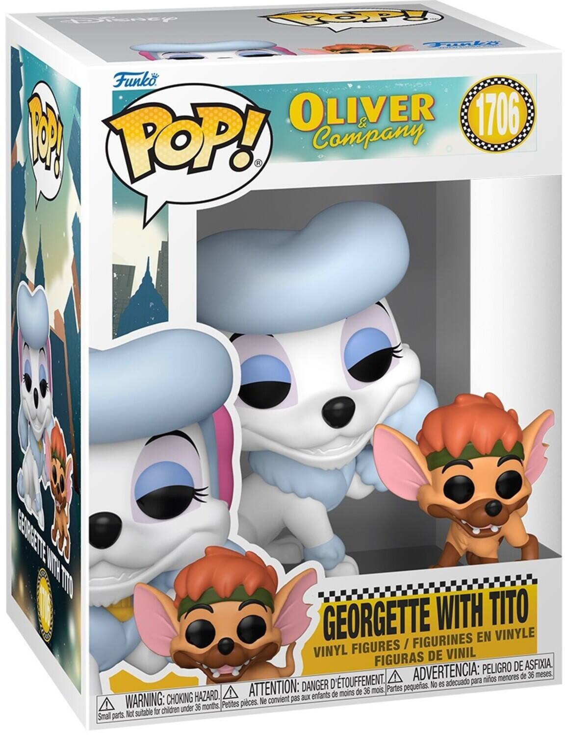 Funko POP!  
OLIVER & Company  
1706  
GEORGETTE WITH TITO  
VINYL FIGURES / FIGURINES EN VINYLE / FIGURAS DE VINIL  

WARNING: CHOKING HAZARD. Small parts. Not suitable for children under 36 months.  
ATTENTION: DANGER D'ÉTOUFFEMENT. Petites pièces. Ne convient pas aux enfants de moins de 36 mois.  
ADVERTENCIA: PELIGRO DE ASFIXIA. Partes pequeñas. No es adecuado para niños menores de 36 meses.