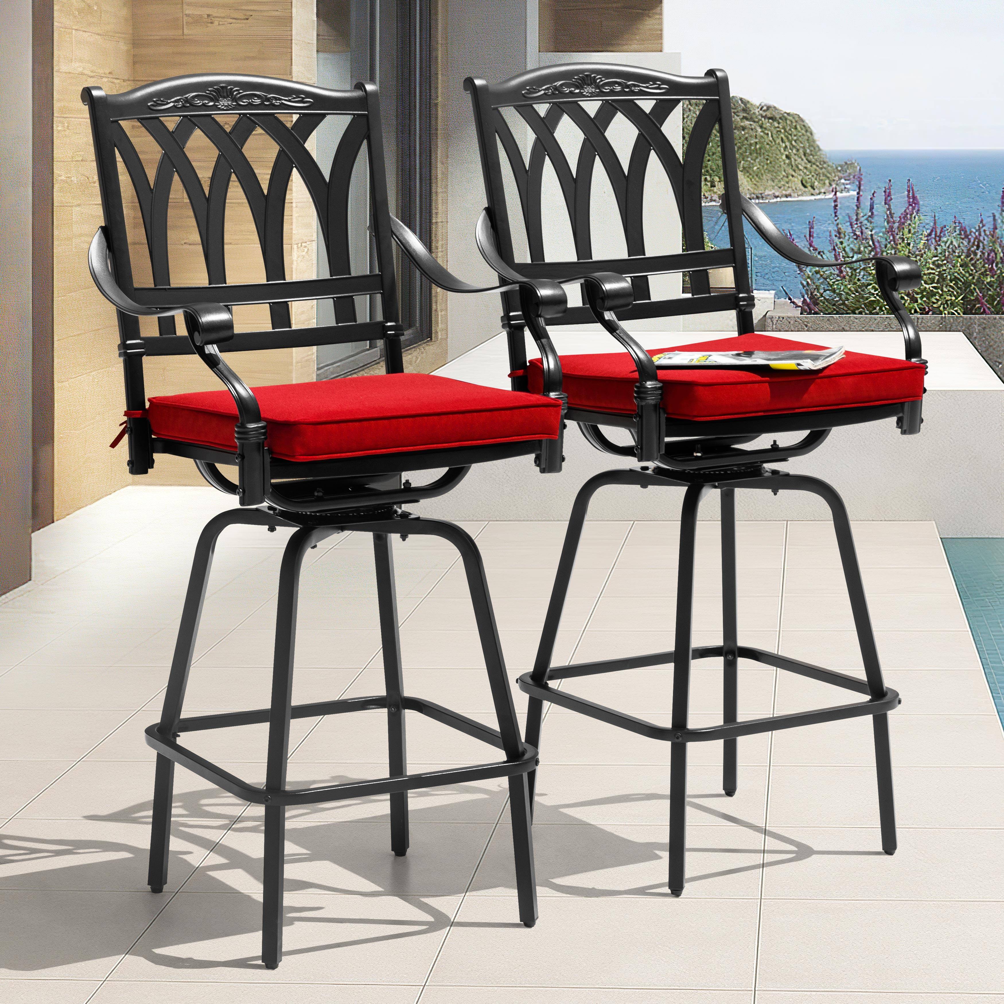 Left. Nuu Garden - 2PCS Patio E-Coated Cast Aluminum Swivel Bar Stool Set with Olefin Cushions - Black and Red.