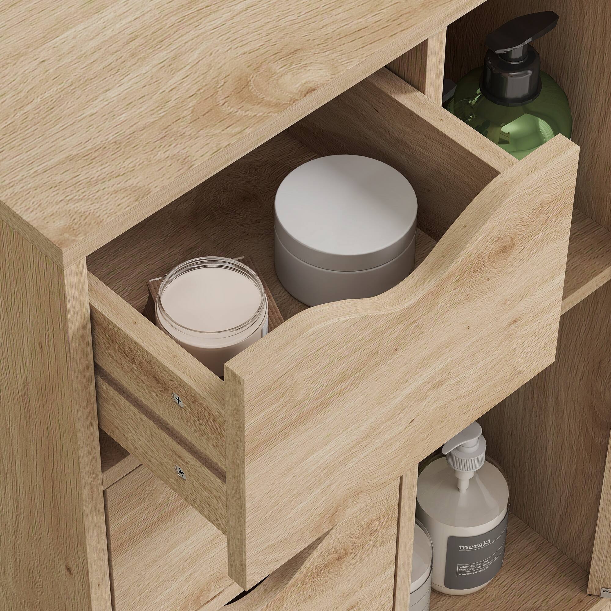 Alt View 8. Homcom - Freestanding Storage Cabinet, Bathroom Floor Cabinet with 4 Drawers and Door - Oak.