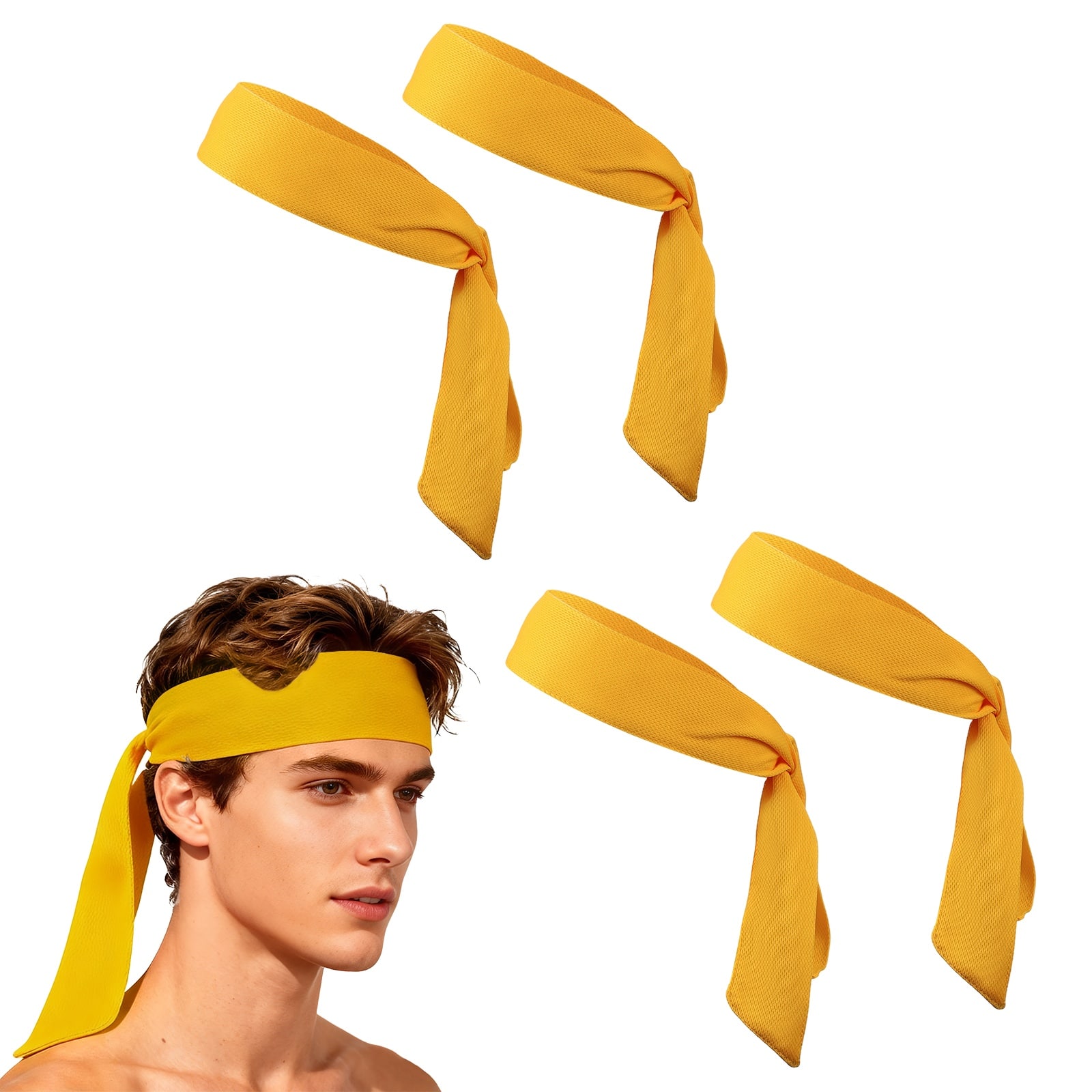 Unique Bargains - Tie Sweatband Headband, Adjustable Non-Slip Moisture Wicking Athletic Headband, 4pcs - For Tennis/Karate/Workout/Yoga - Yellow