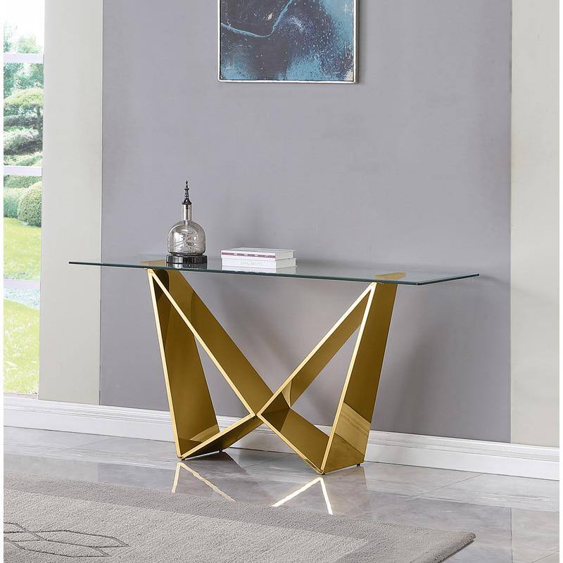 Alt View 1. Best Quality Furniture - Clear glass Console table with a gold color  base - Gold.