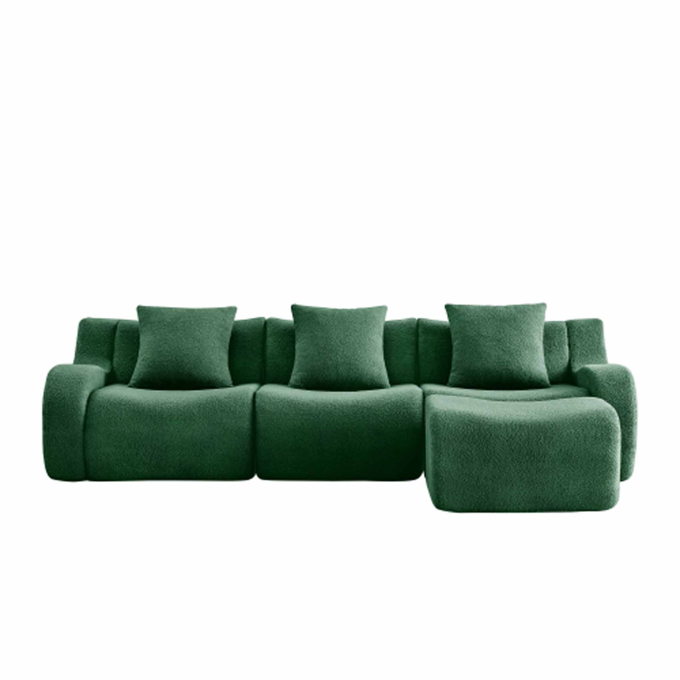 Back. Aukfa - Modular Teddy Fabric Sofa - 3-Seat Sectional with 1 Ottoman, Soft Boneless Design for Living Room - Green.