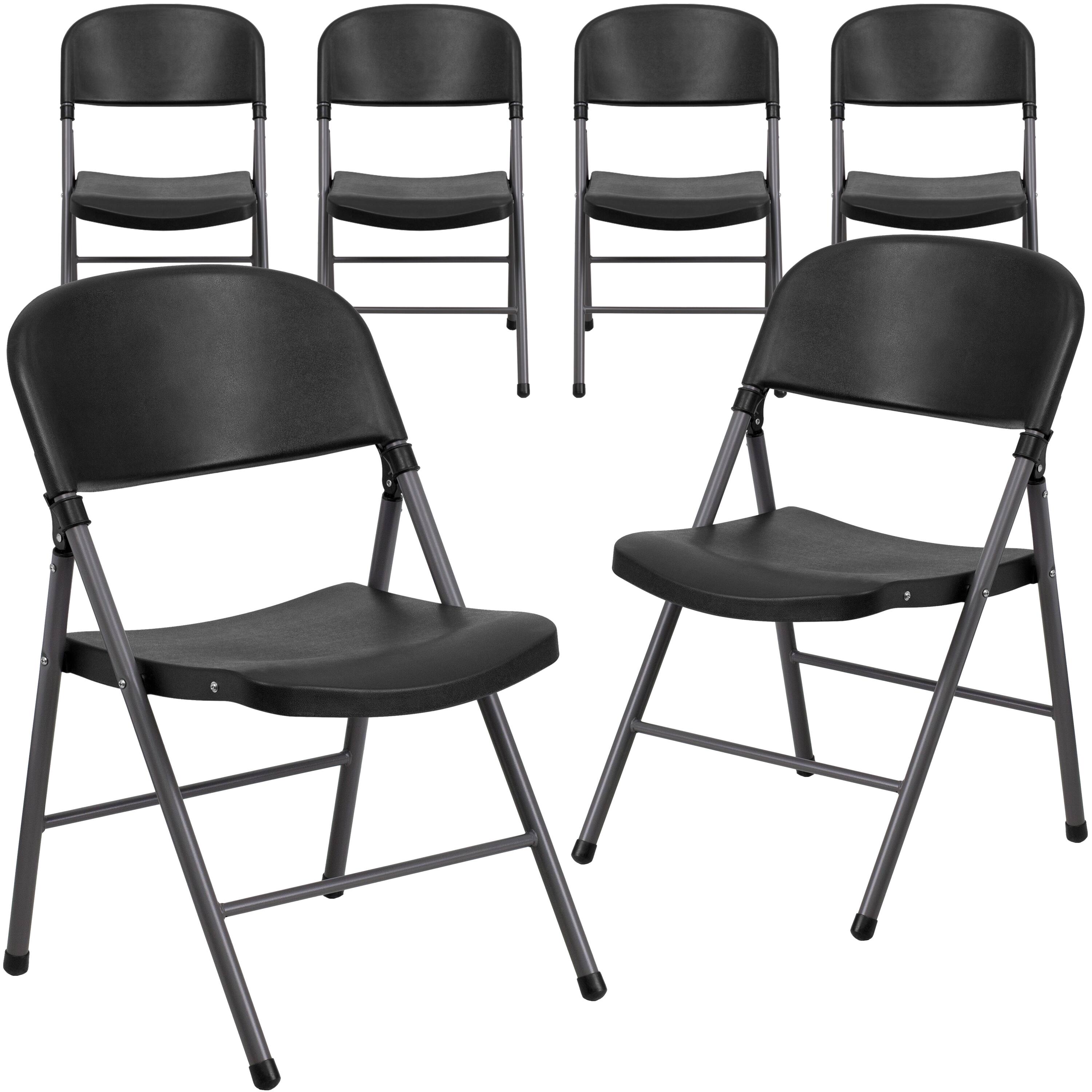 Emma + Oliver - Missy Set of 6 330 lb. Capacity Plastic Folding Chairs with Charcoal Frame - Black