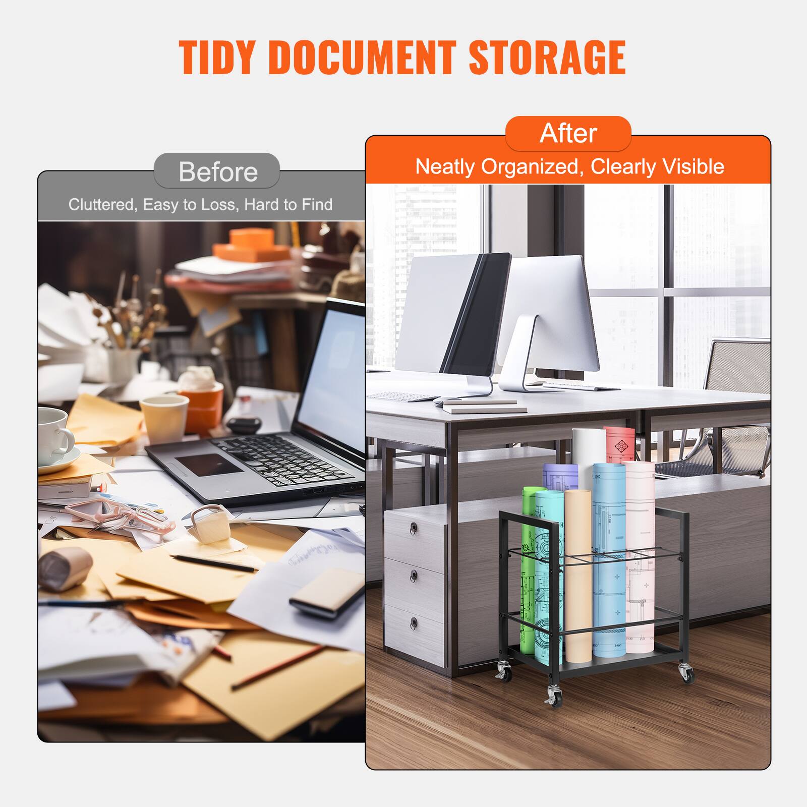 TIDY DOCUMENT STORAGE

Before  
Cluttered, Easy to Lose, Hard to Find

After  
Neatly Organized, Clearly Visible