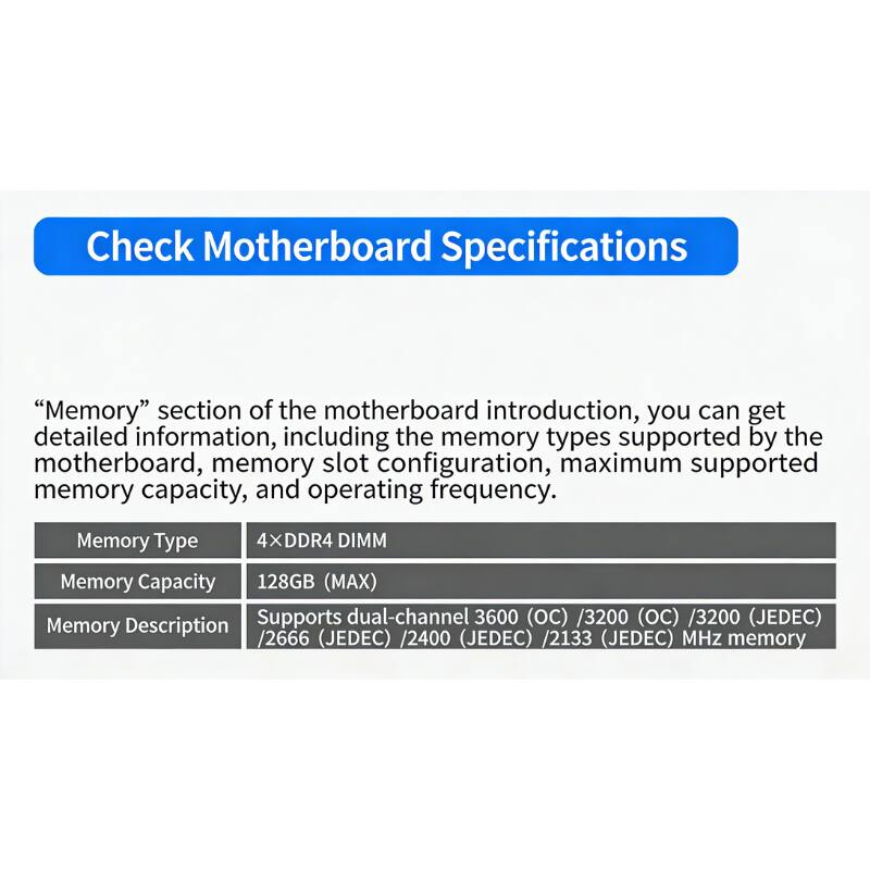 Check Motherboard Specifications

"Memory" section of the motherboard introduction, you can get detailed information, including the memory types supported by the motherboard, memory slot configuration, maximum supported memory capacity, and operating frequency.

Memory Type: 4×DDR4 DIMM

Memory Capacity: 128GB (MAX)

Memory Description: Supports dual-channel 3600 (OC) / 3200 (OC) / 3200 (JEDEC) / 2666 (JEDEC) / 2400 (JEDEC) / 2133 (JEDEC) MHz memory