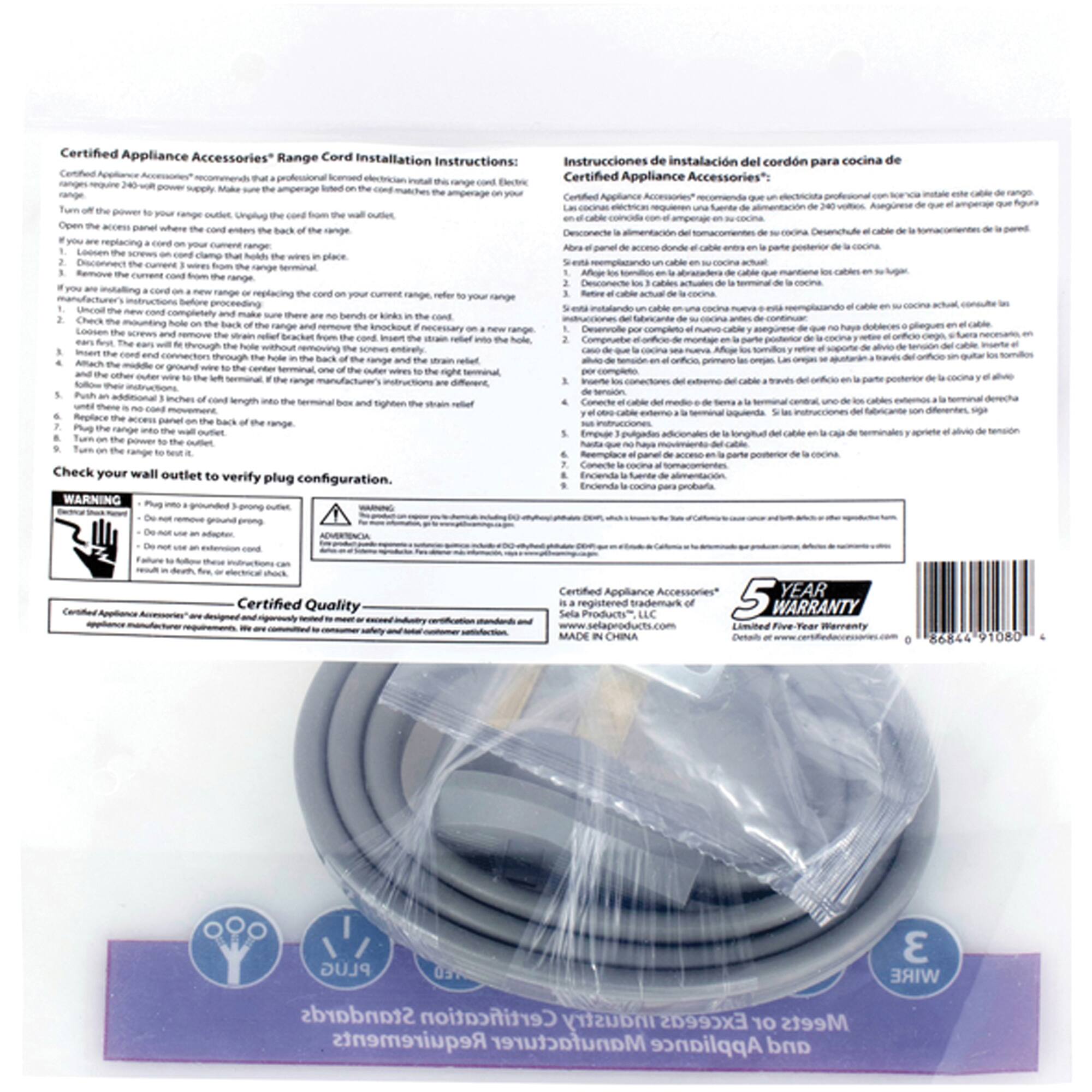 Certified Appliance Accessories Range Cord Installation Instructions:

Certified Appliance Accessories® recommends that a professional licensed electrician install the range cord. Electricians require a 220 volt, 30 amp, 3 wire cord. The cord must be installed by a licensed electrician. Turn off power to your range outlet. Unplug the cord from the wall outlet. Open the access panel where the cord enters the back of the range. If you are replacing a cord on your current range, disconnect the current cord from the range. If you are replacing the cord on your current range, refer to your range instructions for the proper procedure. If you are installing a new range, refer to the manufacturer's instructions before continuing. Remove the old cord completely and make sure there are no bends or kinks in the cord. Insert the new cord through the hole in the back of the range. If the cord is too long, cut it to the proper length. Connect the cord to the terminal box and tighten the strain relief. Connect the cord to the terminal box and tighten the strain relief. Connect the cord to the terminal box and tighten the strain relief. Connect the cord to the terminal box and tighten the strain relief. Connect the cord to the terminal box and tighten the