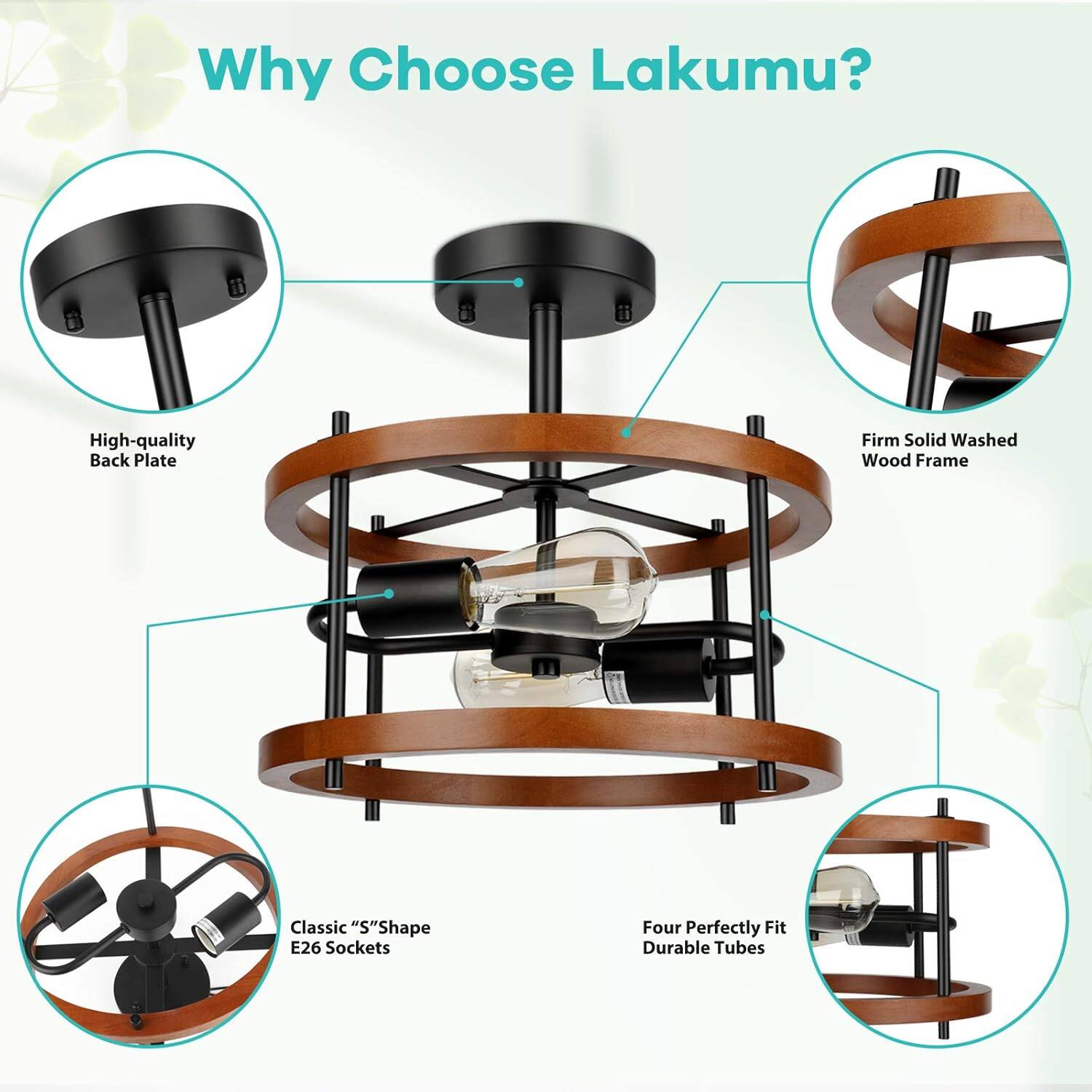 Why Choose Lakumu?

- High-quality Back Plate
- Firm Solid Washed Wood Frame
- Classic "S" Shape E26 Sockets
- Four Perfectly Fit Durable Tubes