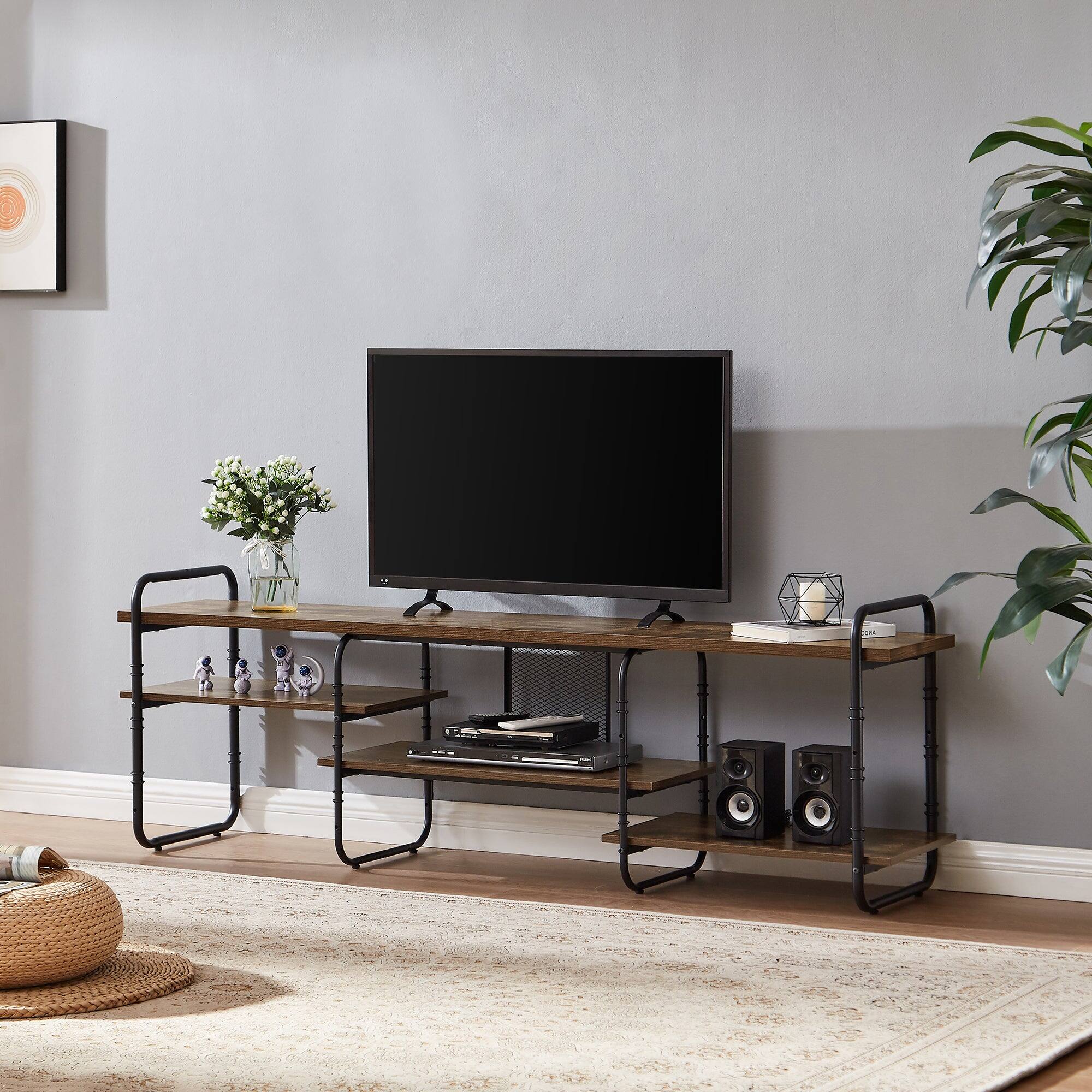 Left. Vecelo - 71" Industrial TV  Stand with Adjustable Shelves - Heavy Duty Metal Frame, 55lb Shelf Capacity,Brown - Brown.