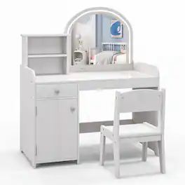 Costway - Kid Vanity Table Chair Set 2-Color LED Lights Large Drawer Shelf Cabinet - White