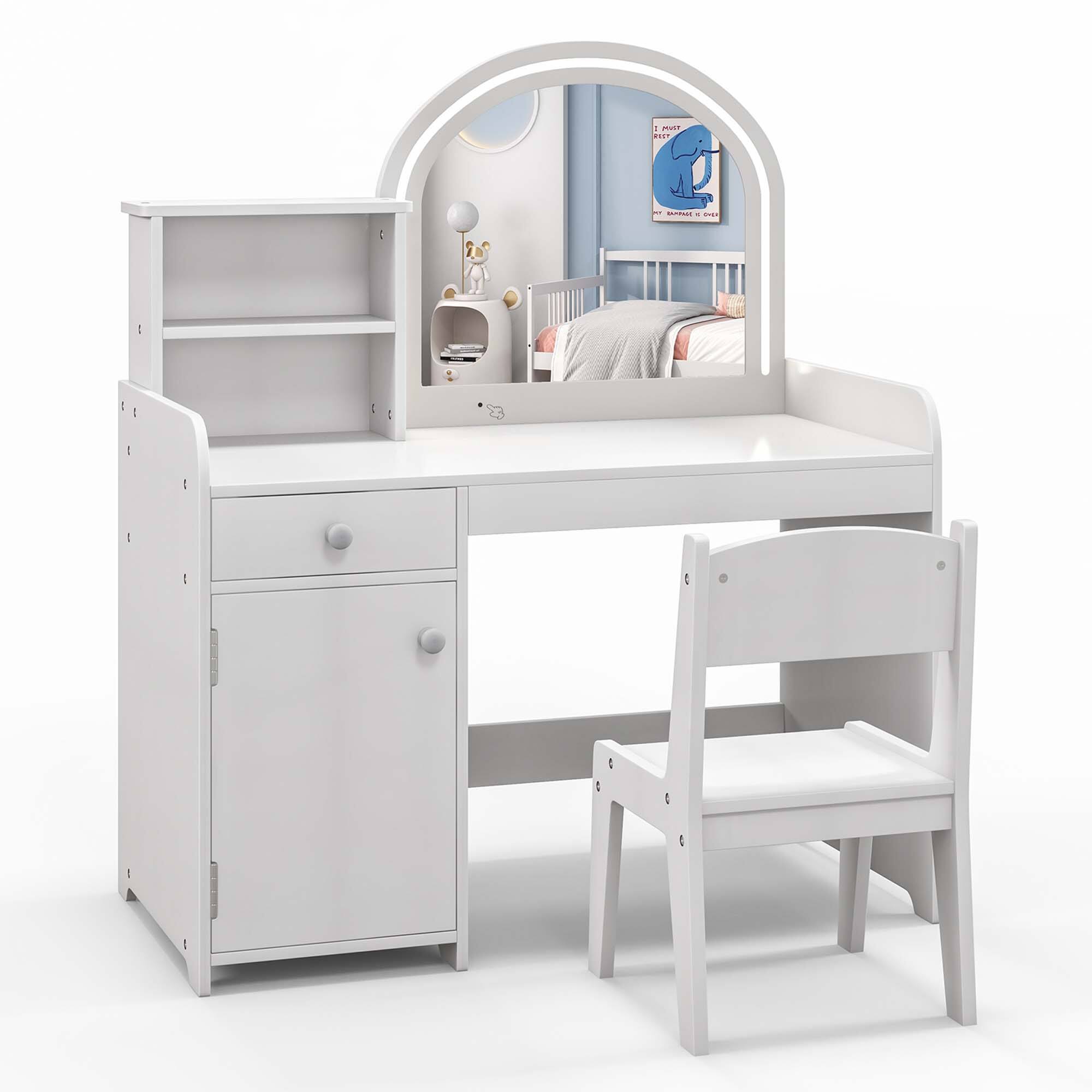 Front. Costway - Costway Kid Vanity Table Chair Set 2-Color LED Lights Large Drawer Shelf Cabinet - White.